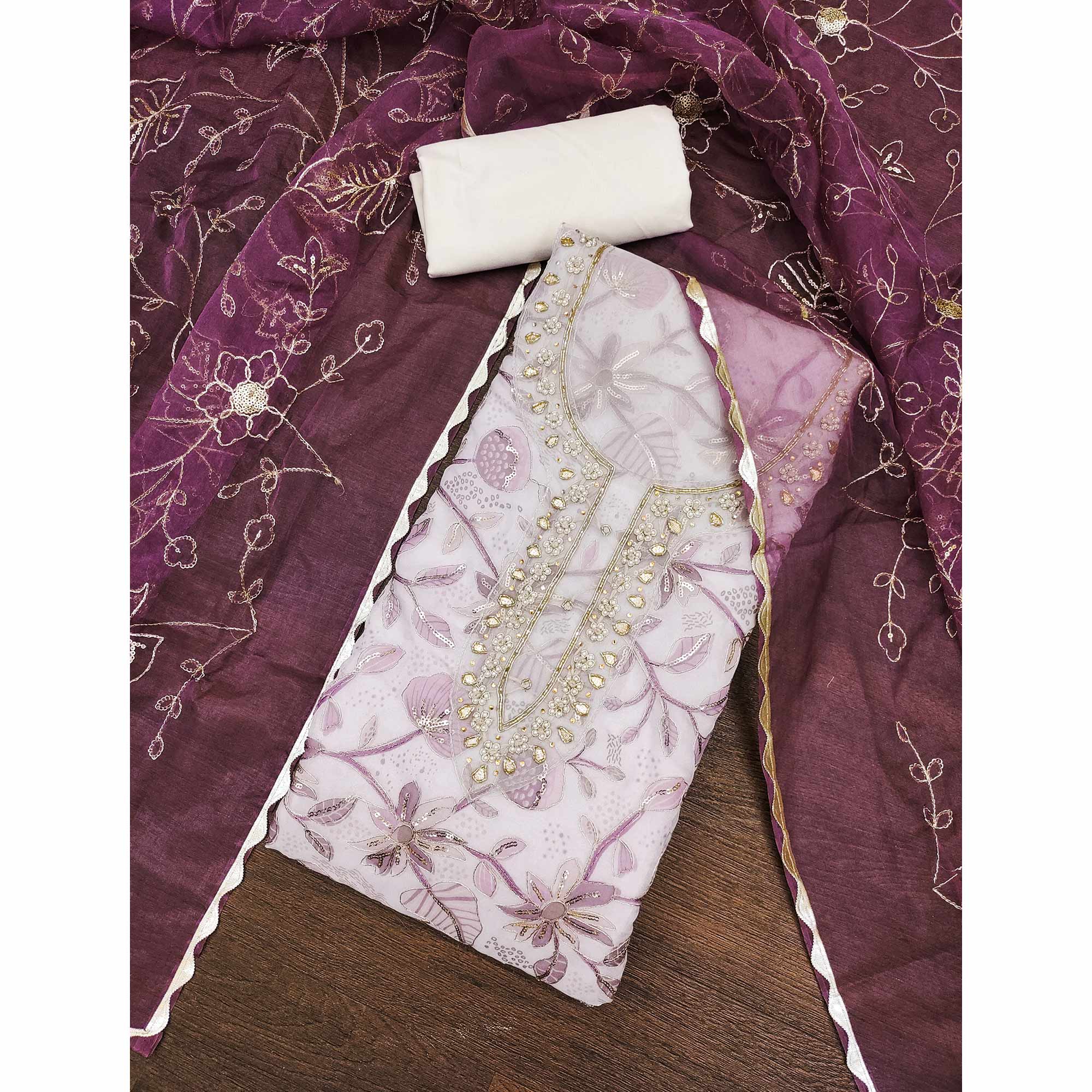 Wine Floral Elegance Dress Material With Handwork & Sequins On Organza - Image 3