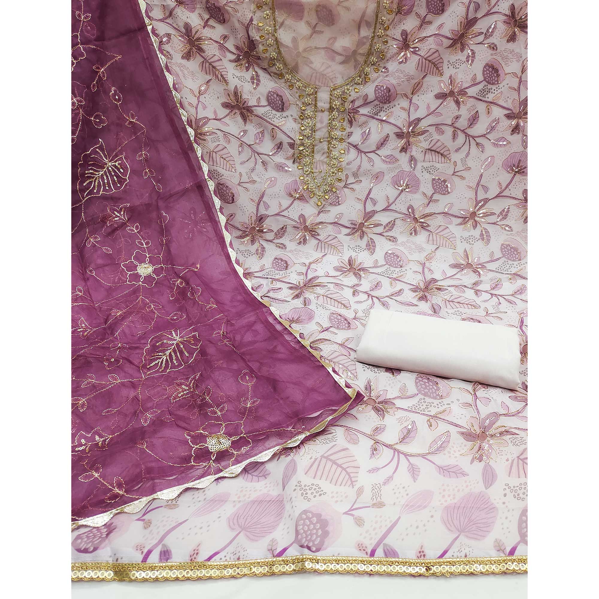 Wine Floral Elegance Dress Material With Handwork & Sequins On Organza - Image 4