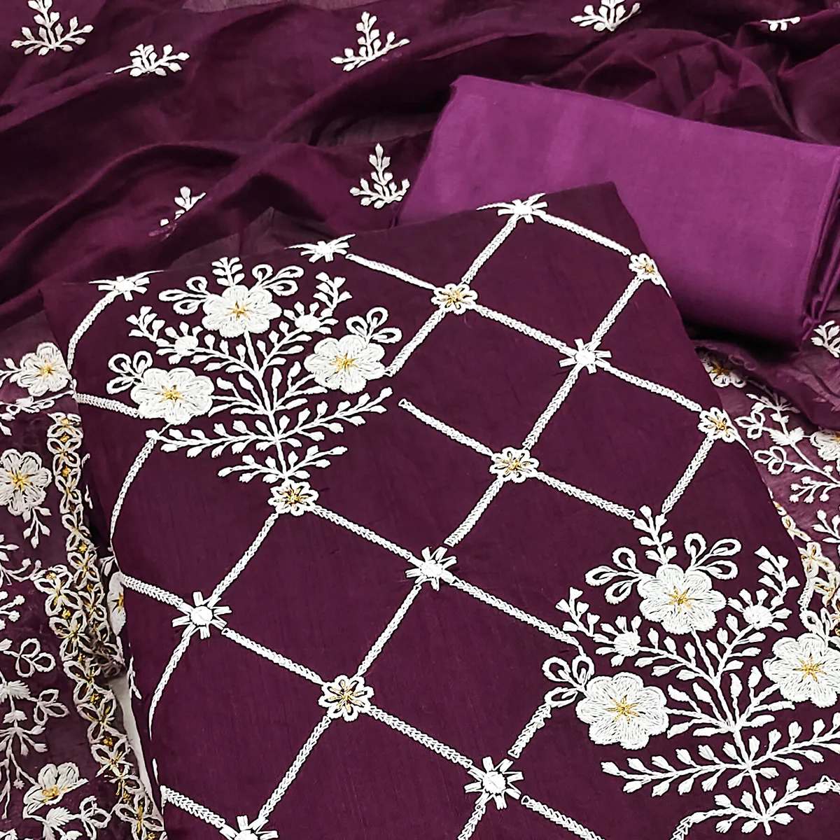 Wine Floral Embroidered Chanderi Cotton Dress Material - Image 2