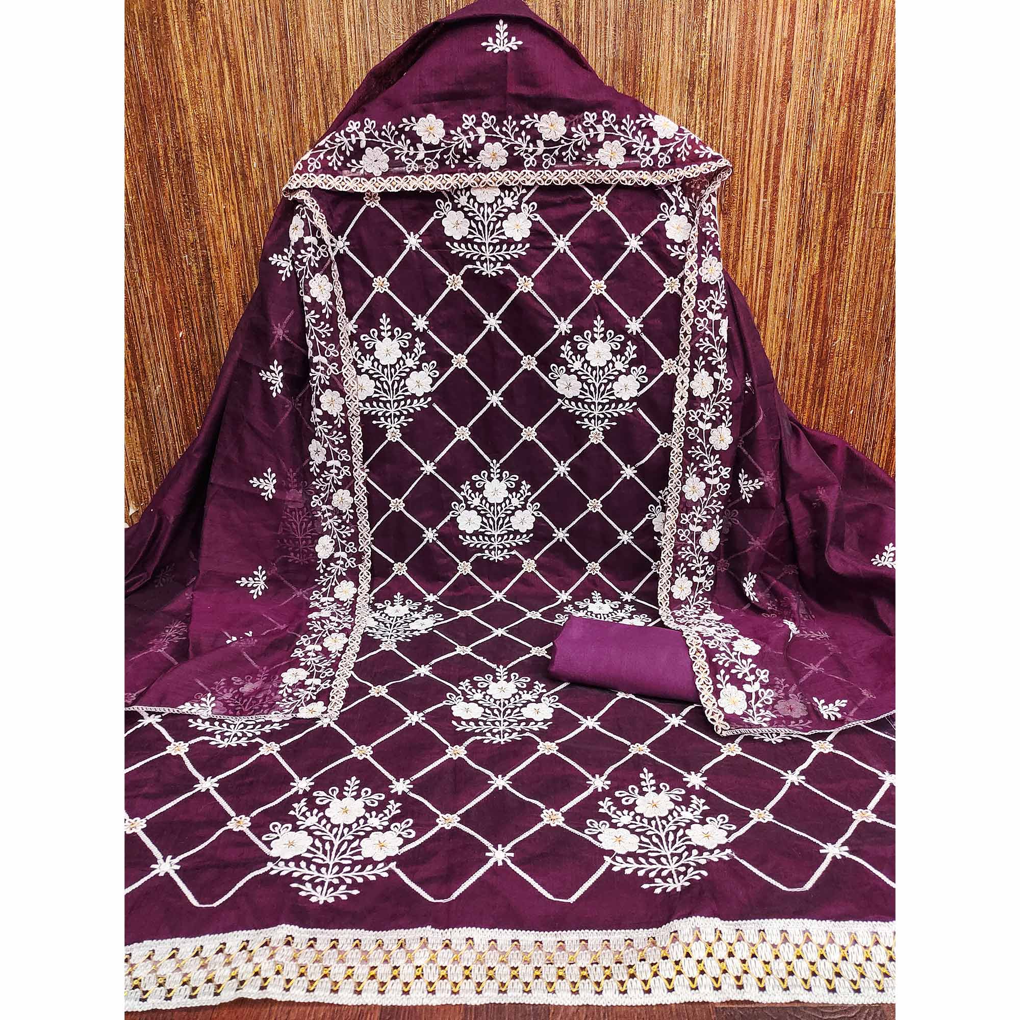 Wine Floral Embroidered Chanderi Cotton Dress Material - Image 3