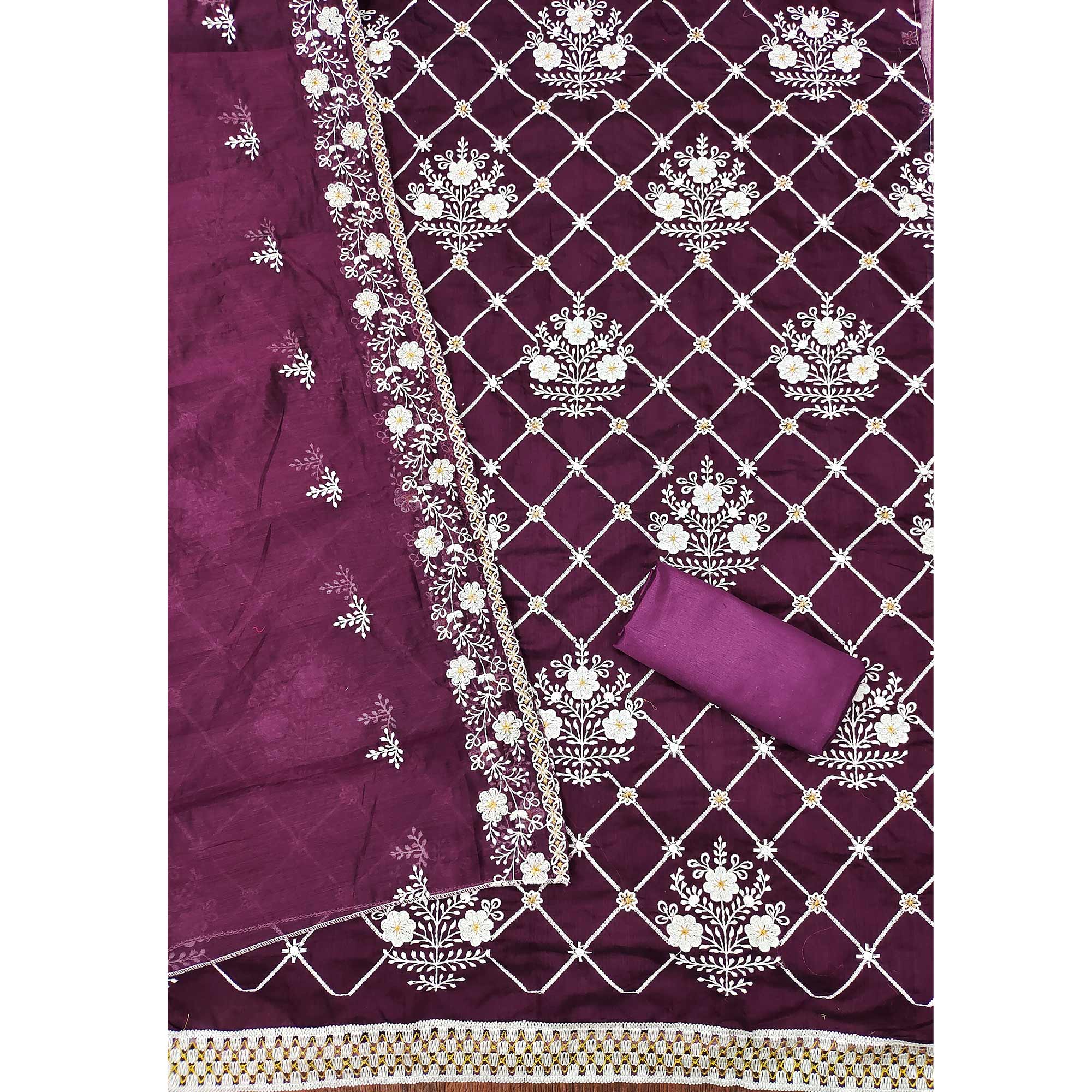 Wine Floral Embroidered Chanderi Cotton Dress Material - Image 4