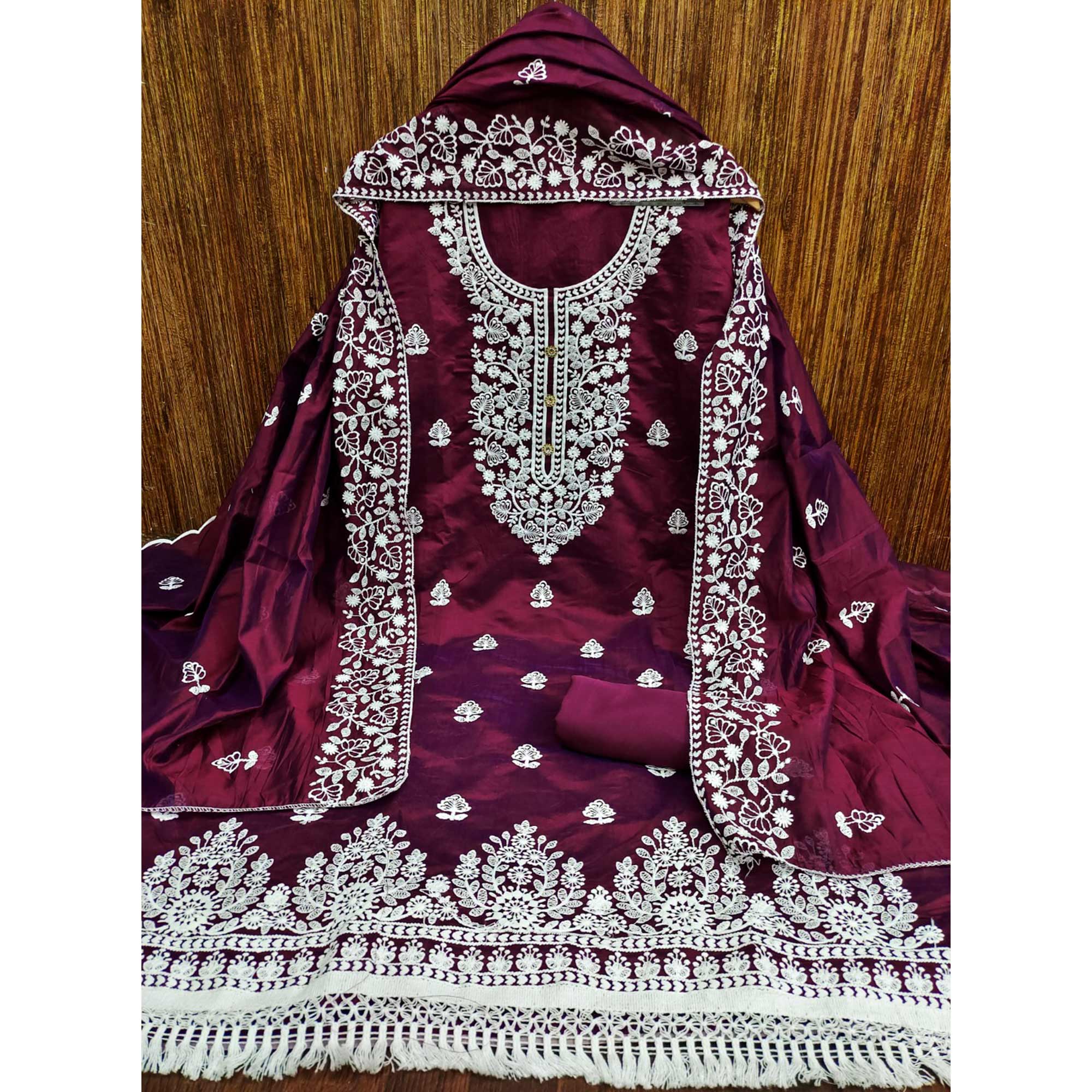 Wine Floral Embroidered Chanderi Cotton Dress Material - Image 3