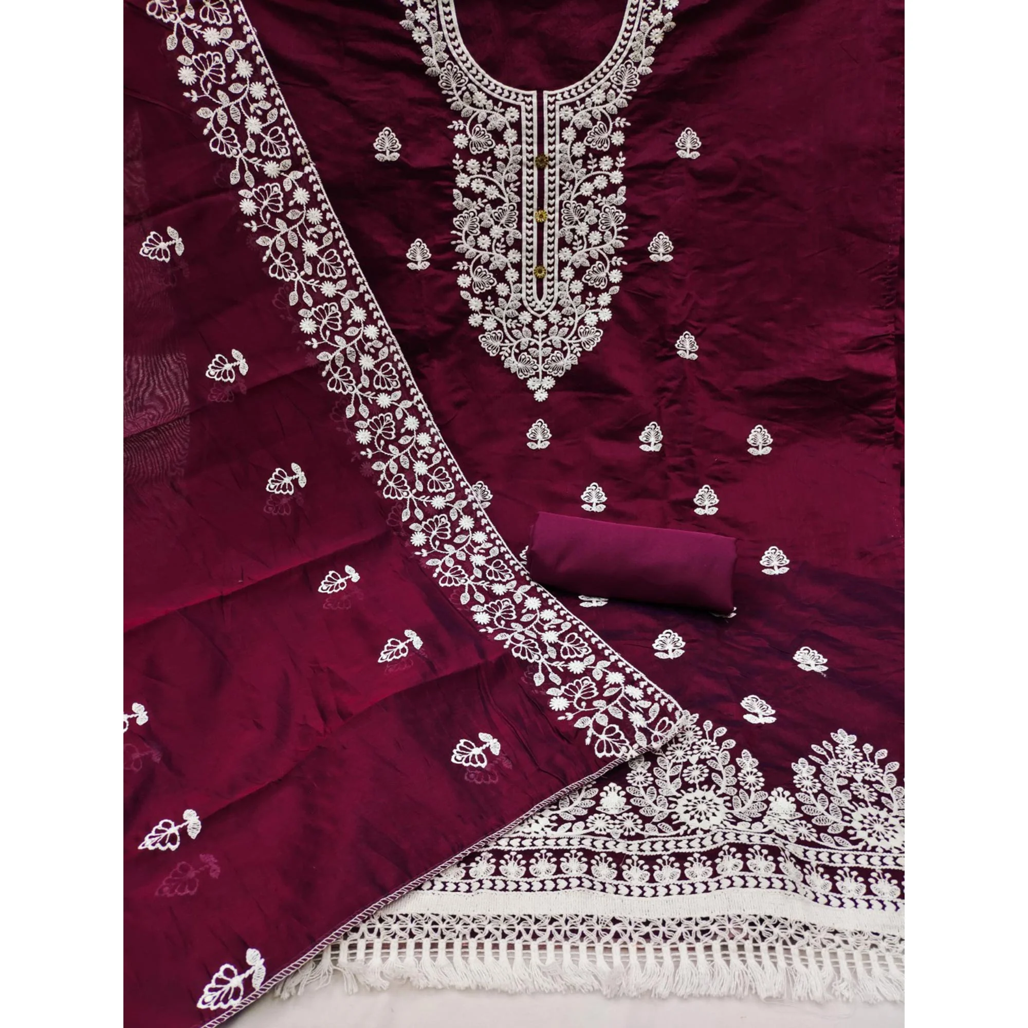 Wine Floral Embroidered Chanderi Cotton Dress Material - Image 4