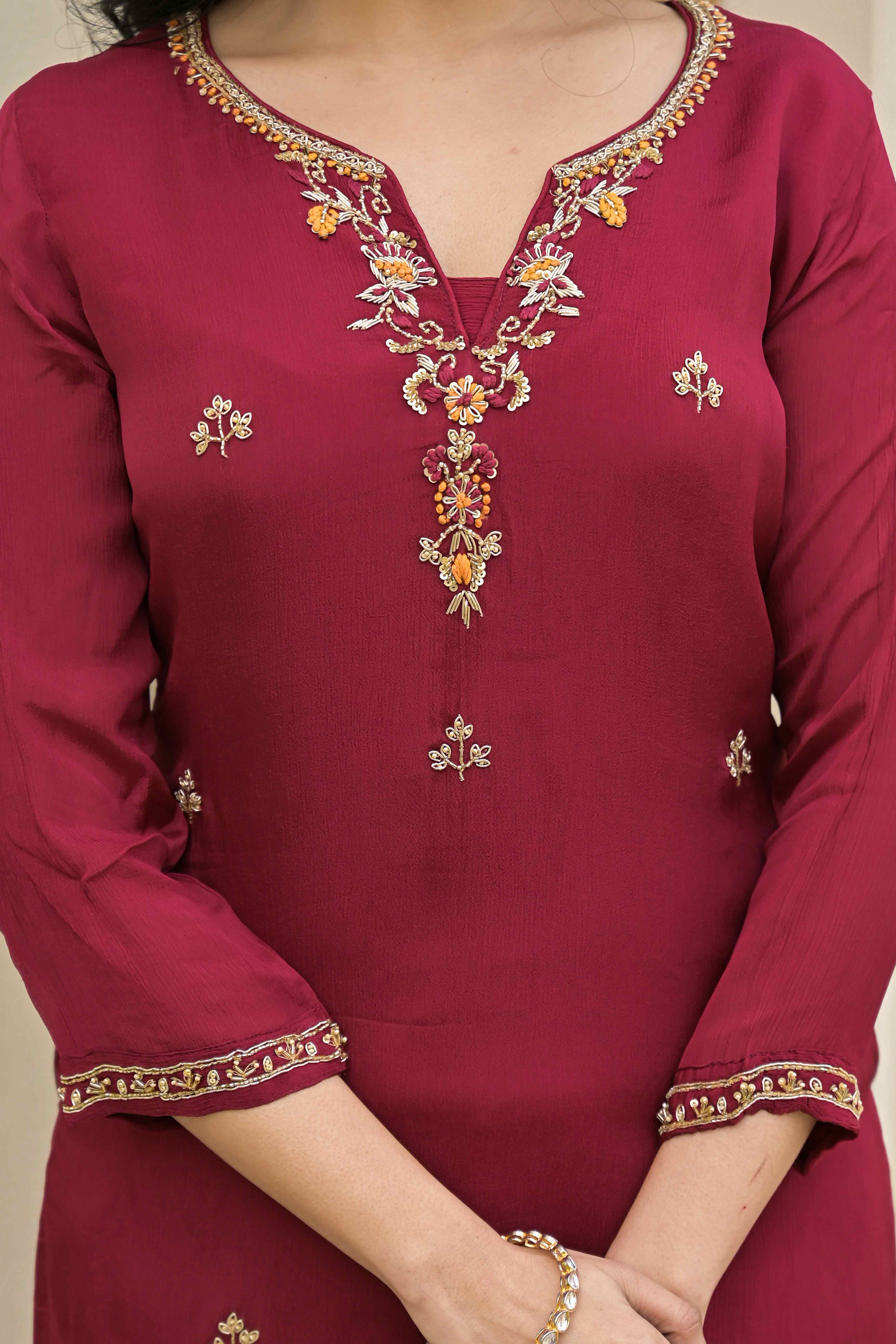 Wine Floral Embroidered Chinon Straigth Salwar Suit - Image 2