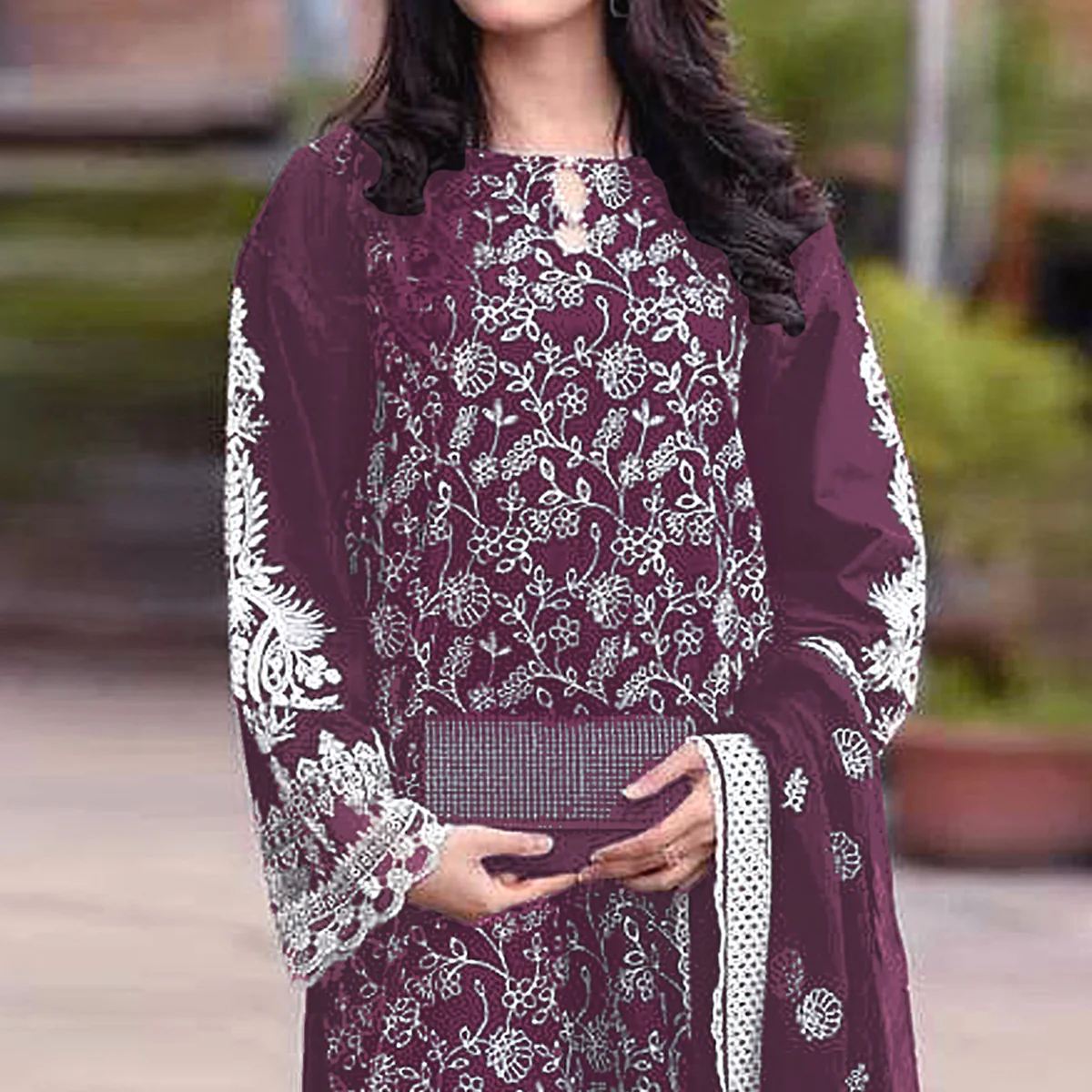 Wine Floral Embroidered Georgette Semi Stitched Pakistani Suit - Image 3