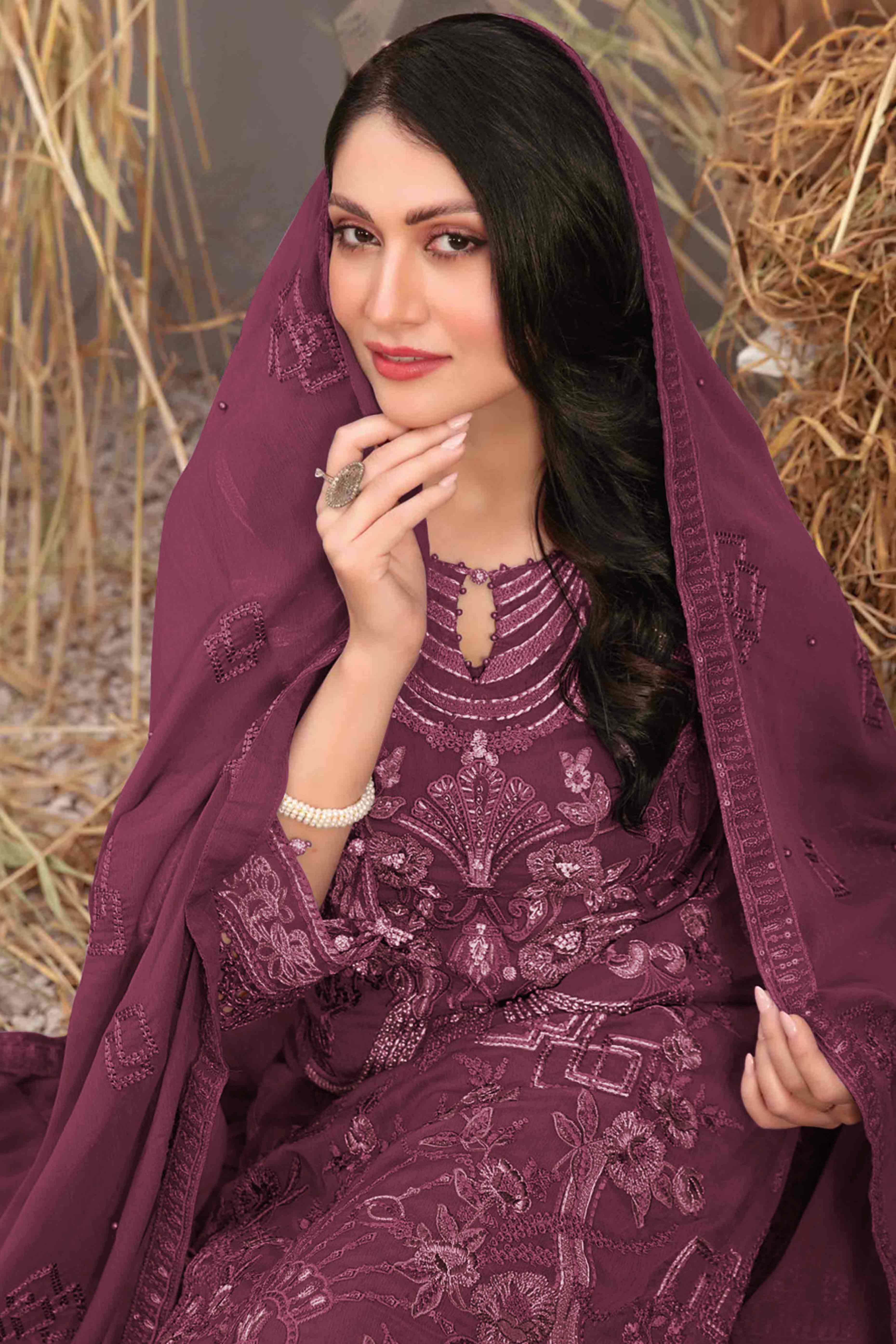 Wine Floral Embroidered Heavy Georgette Dress Material - Image 3
