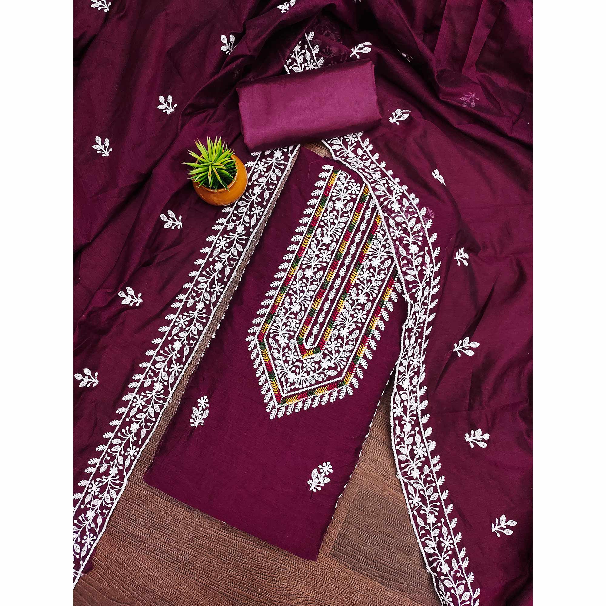 Wine Floral Embroidered Modal Chanderi Silk Dress Material - Image 3