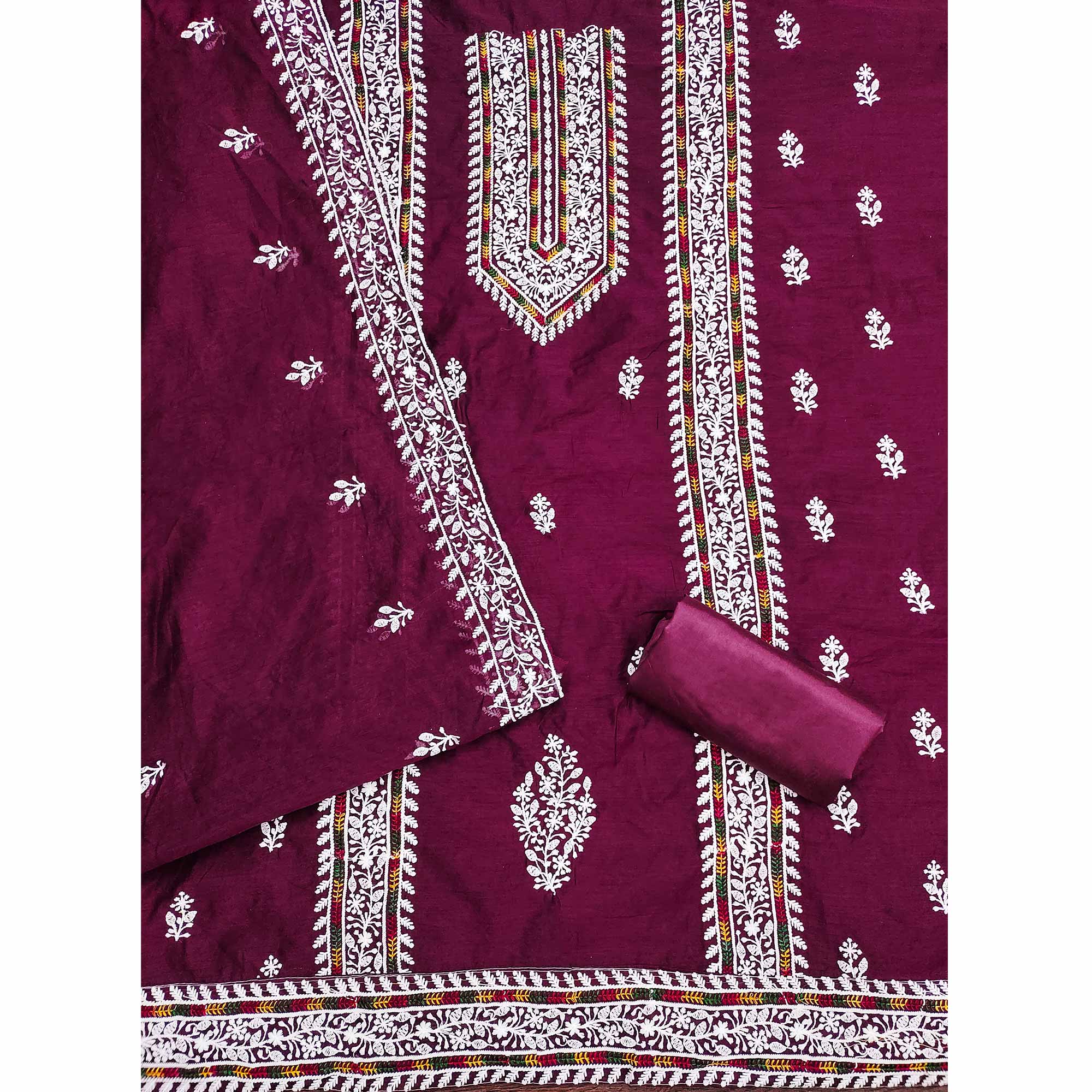 Wine Floral Embroidered Modal Chanderi Silk Dress Material - Image 4