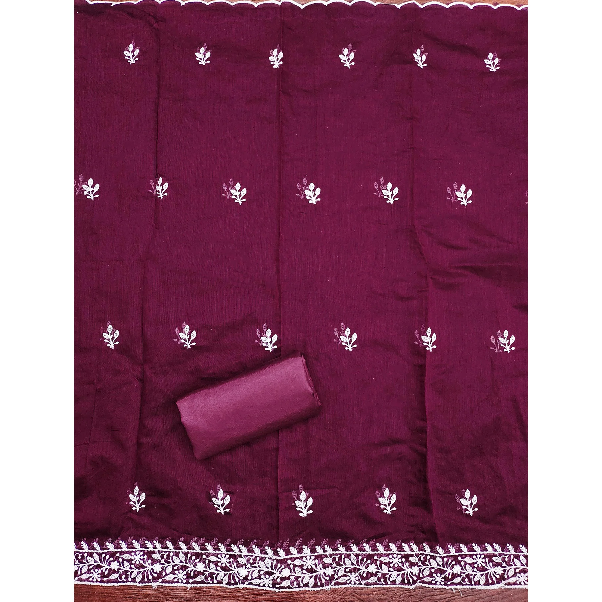Wine Floral Embroidered Modal Chanderi Silk Dress Material - Image 5