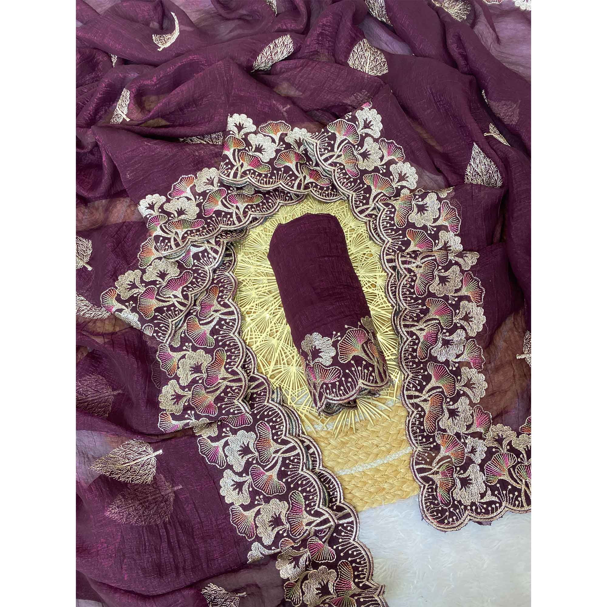 Wine Floral Embroidered Saree in Crunchy Silk Blend - Image 3