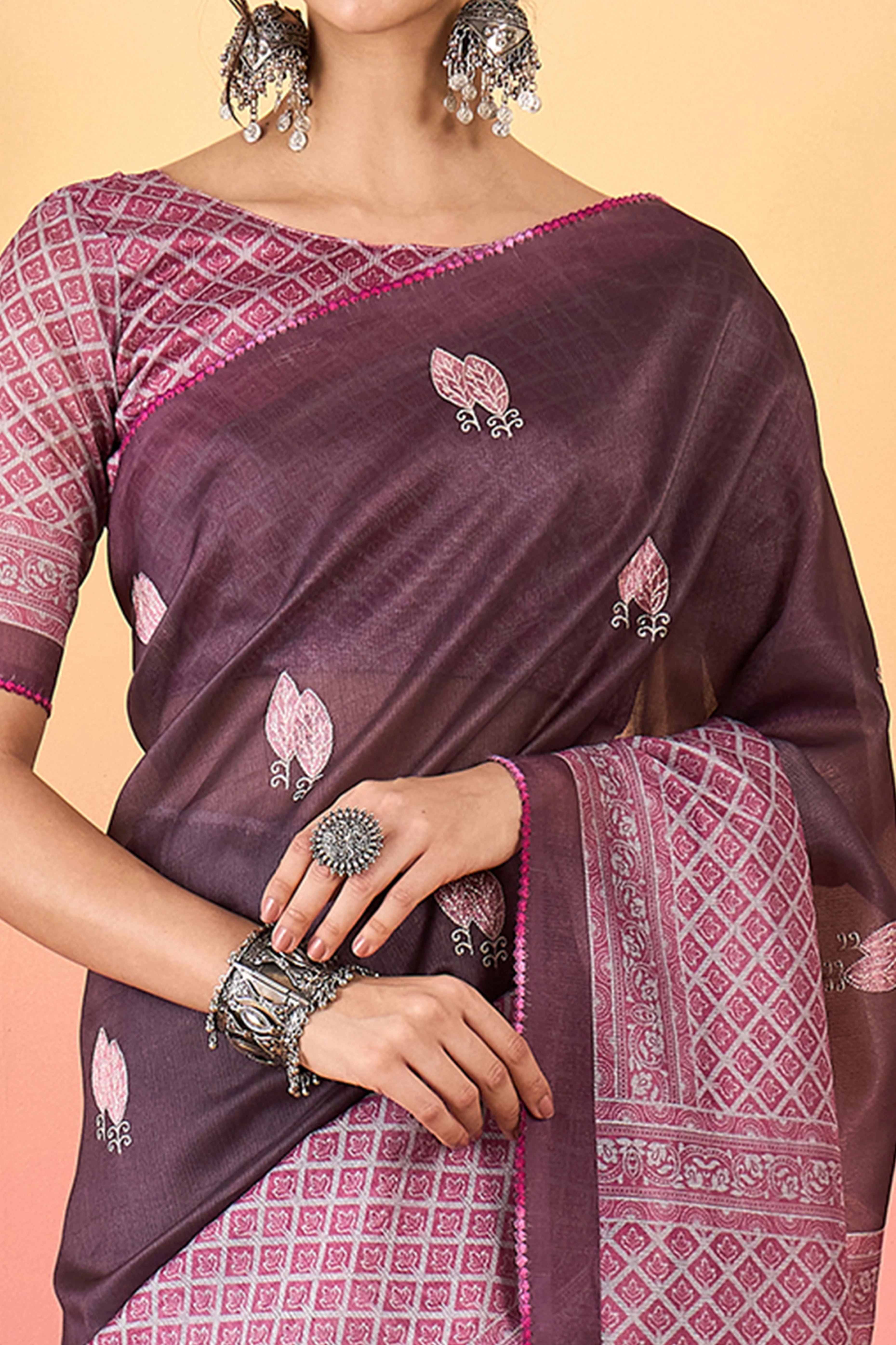 Wine Floral Embroidered Saree Made from Premium Lightweight Silk Blend Material - Image 2