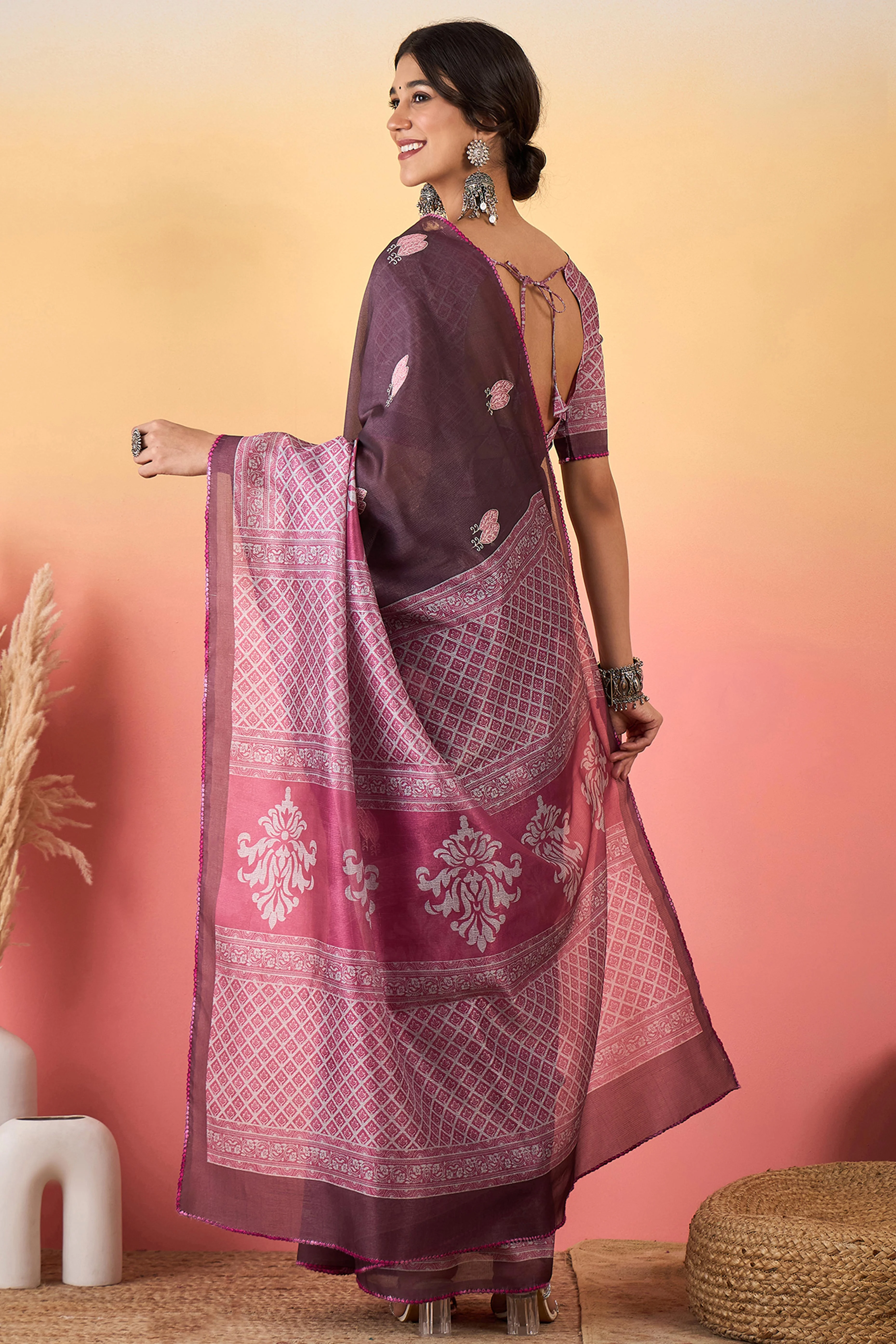 Wine Floral Embroidered Saree Made from Premium Lightweight Silk Blend Material - Image 5