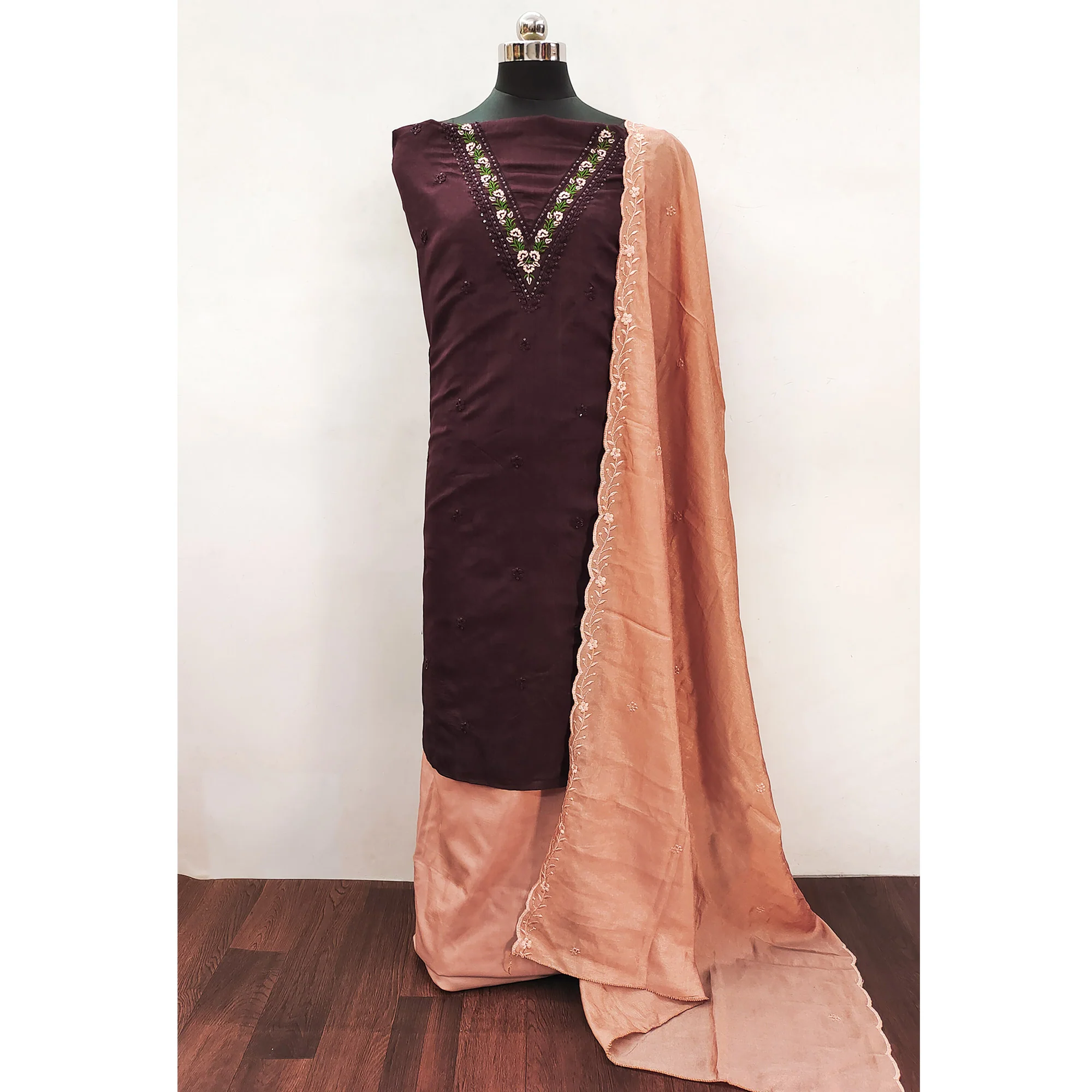 Wine Floral Embroidered Vichitra Silk Dress Material - Image 3