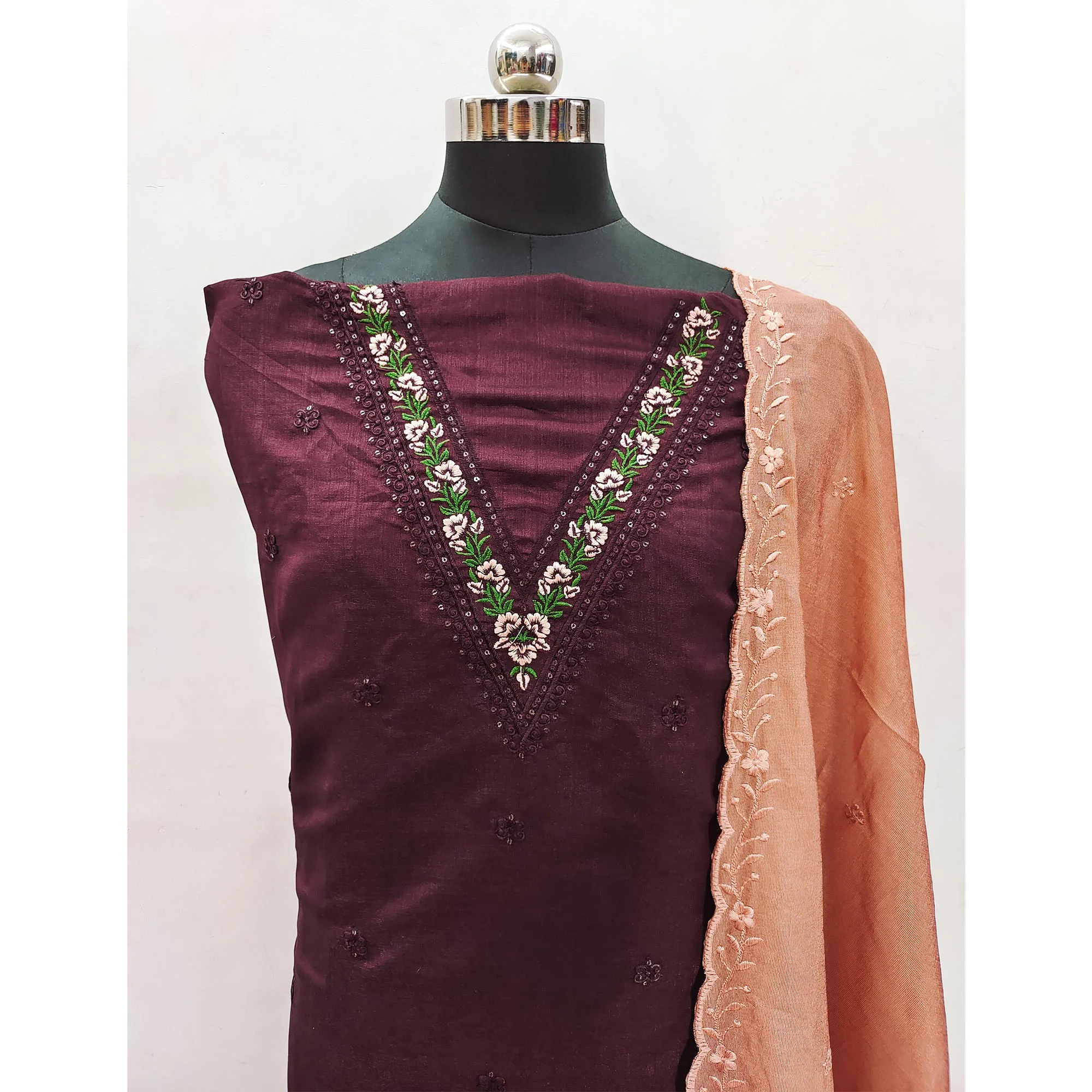 Wine Floral Embroidered Vichitra Silk Dress Material - Image 4