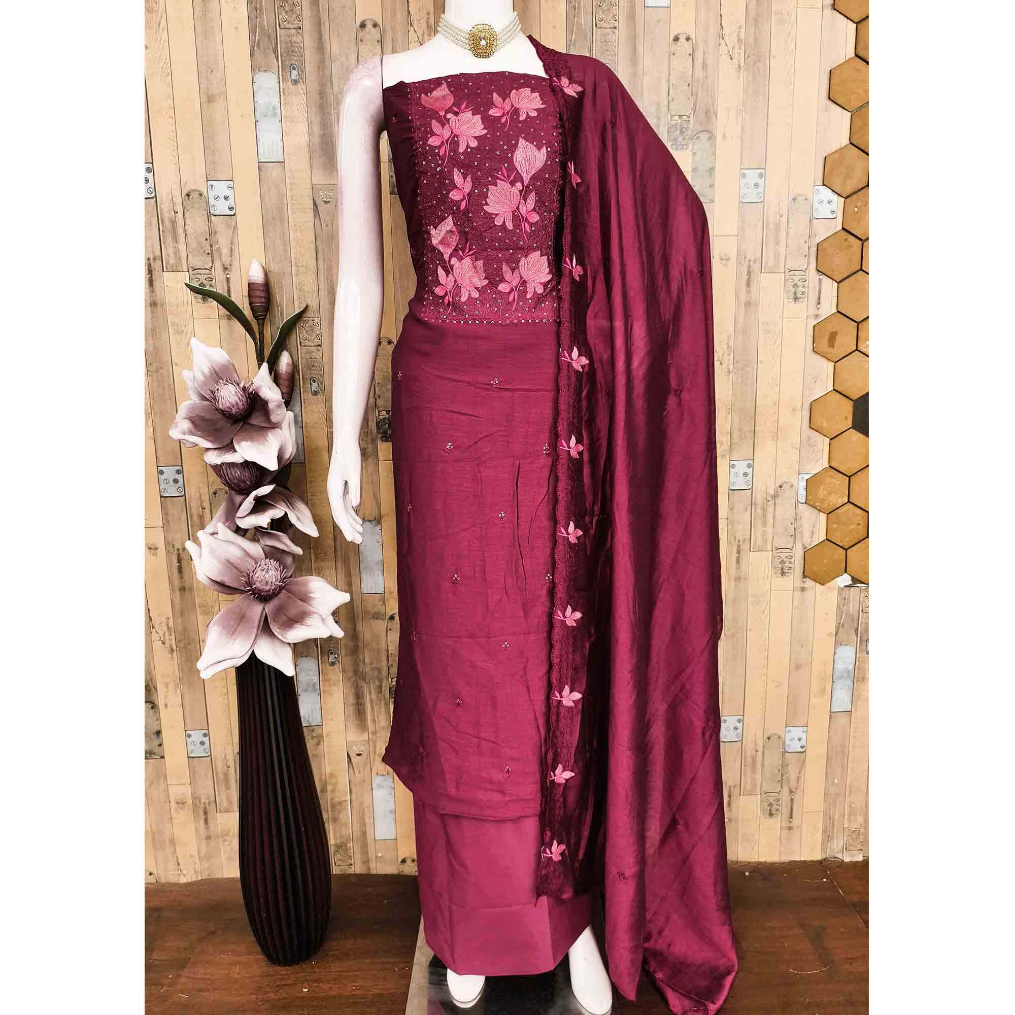 Wine Floral Embroidered Vichitra Silk Dress Material for Elegant Ethnic Styling - Image 3