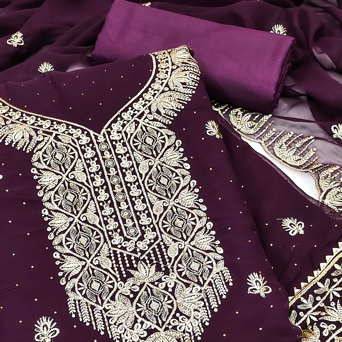 Wine Floral Embroidered With Stonework Georgette Dress Material - Image 2