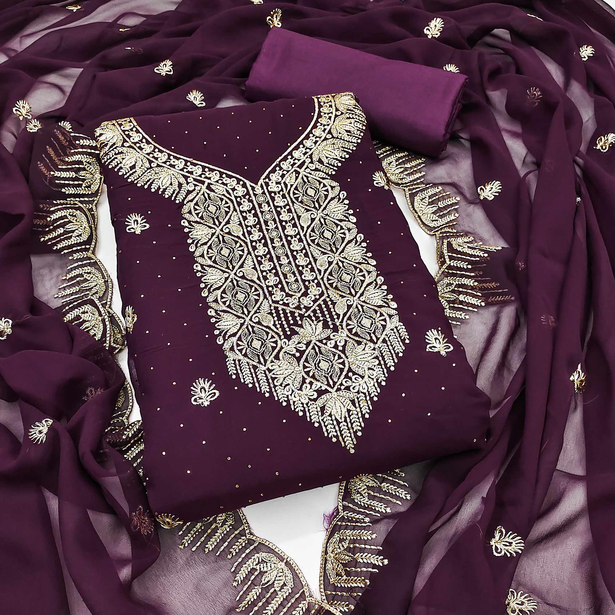 Wine Floral Embroidered With Stonework Georgette Dress Material - Image 3