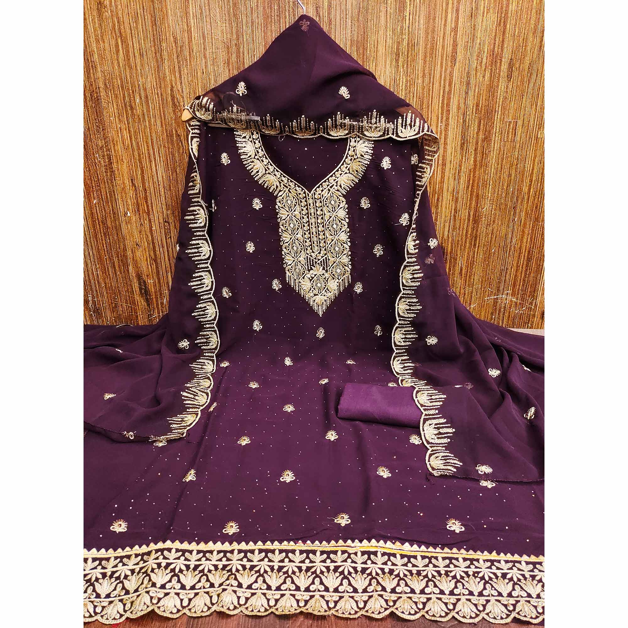 Wine Floral Embroidered With Stonework Georgette Dress Material - Image 4