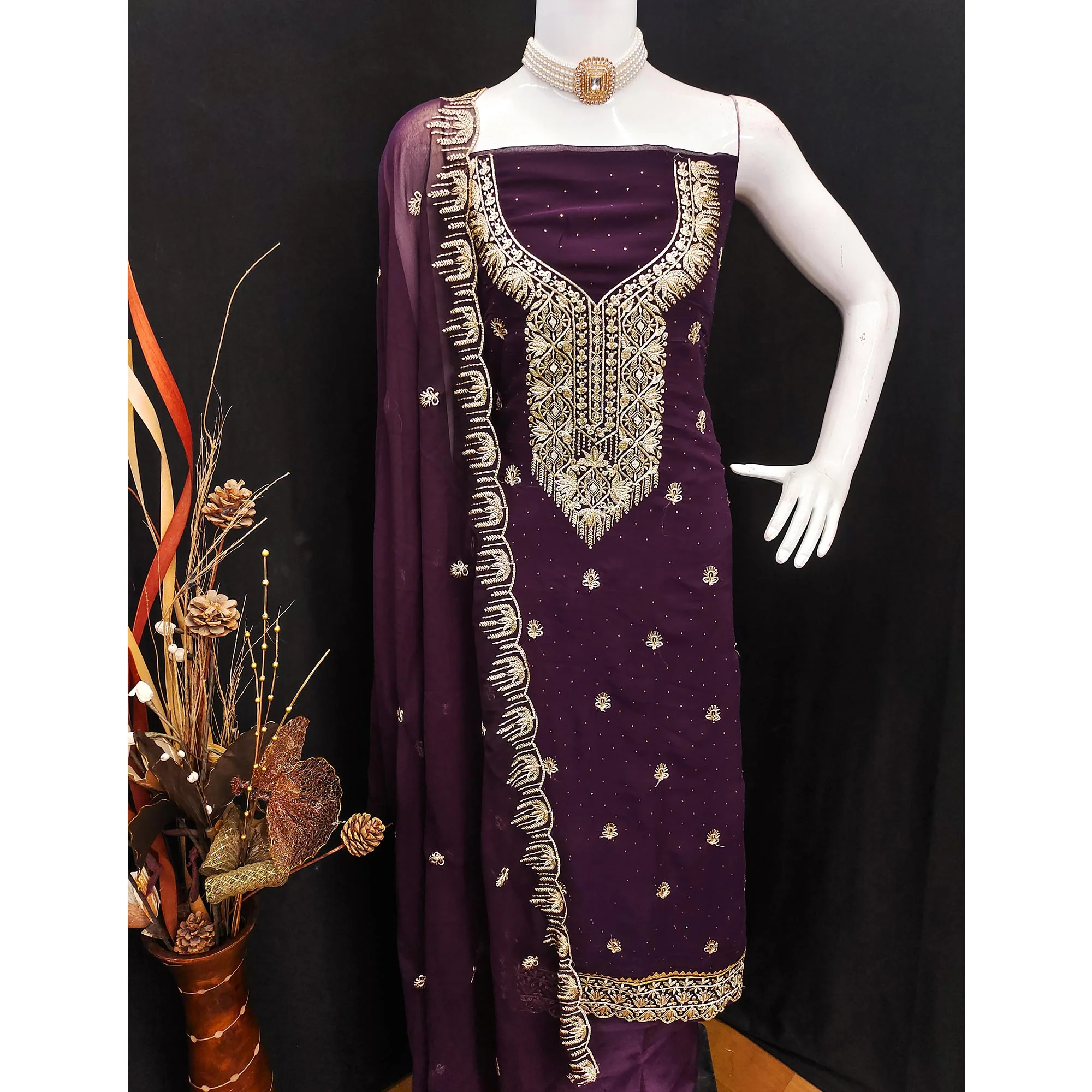 Wine Floral Embroidered With Stonework Georgette Dress Material - Image 5