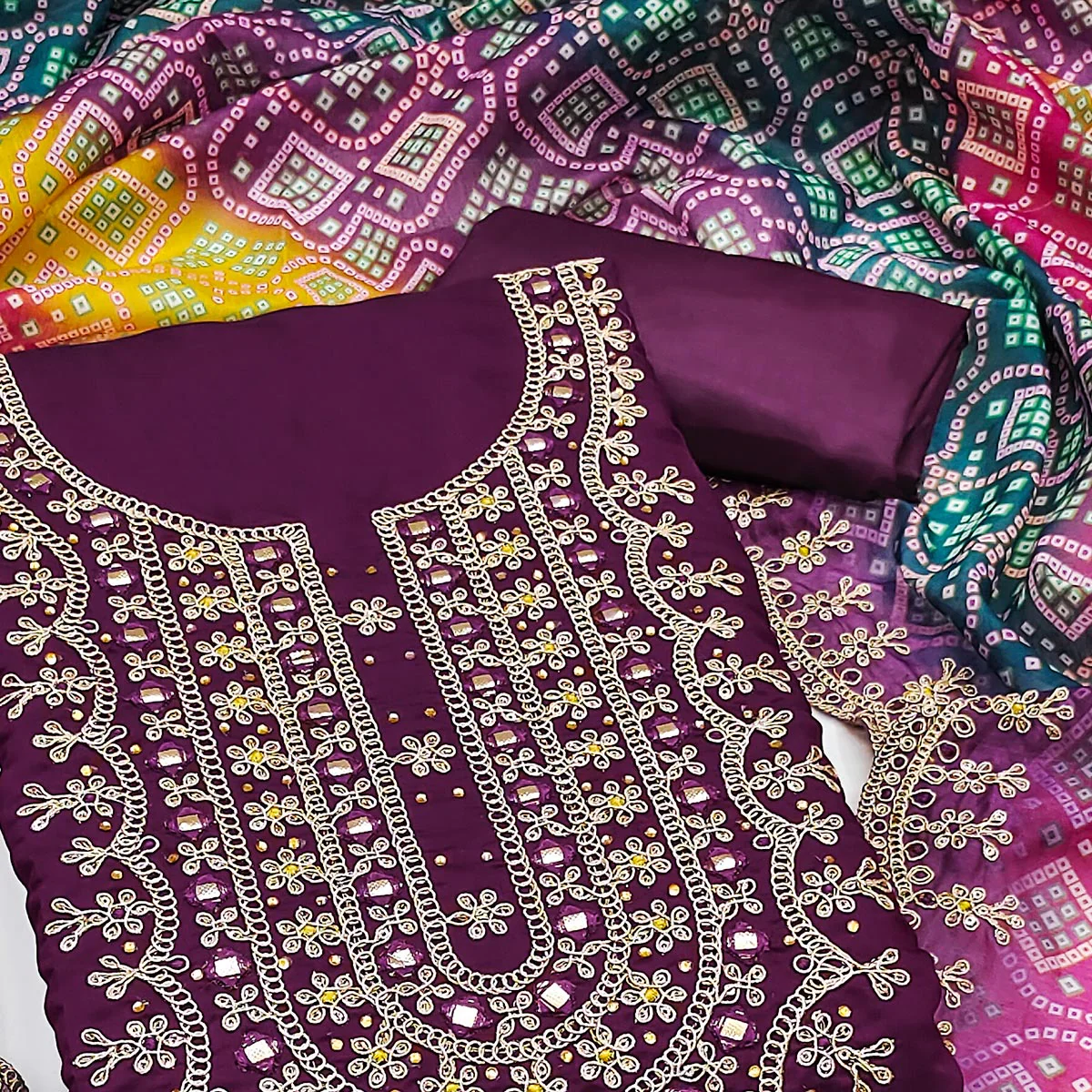 Wine Floral Embroidery With Stonework Roman Cotton Silk Dress Material - Image 2