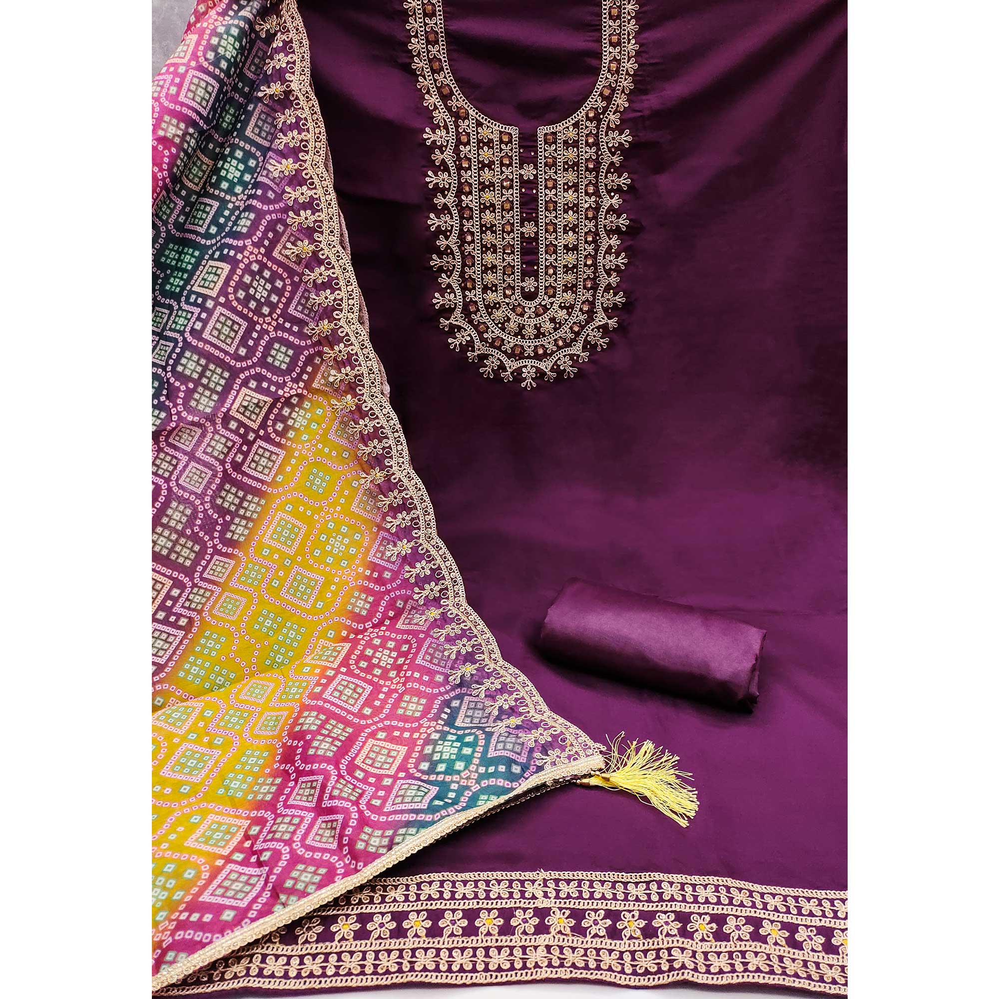 Wine Floral Embroidery With Stonework Roman Cotton Silk Dress Material - Image 4