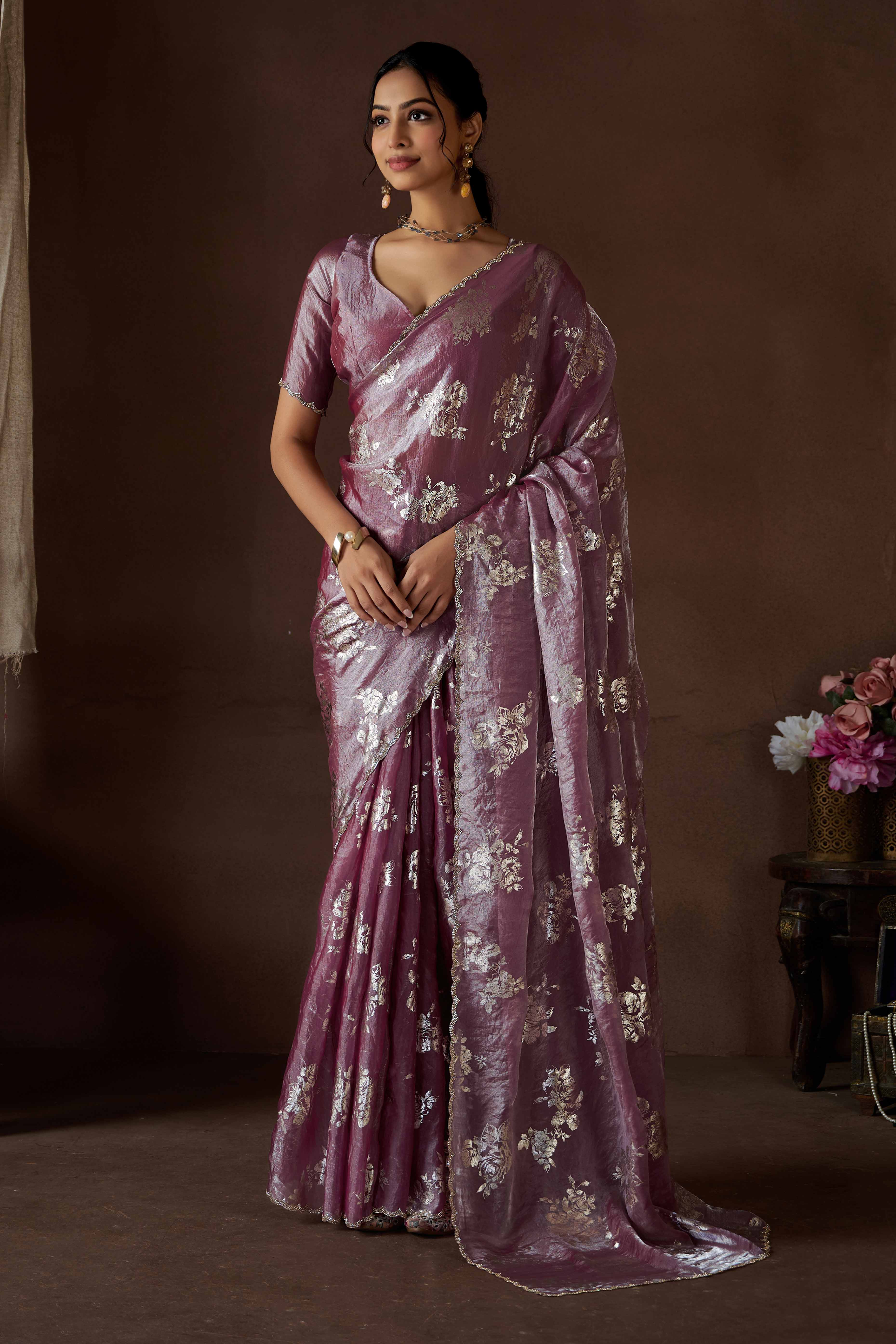 Wine Floral Foil Printed Satin Silk Saree With Zarkan Border - Image 3