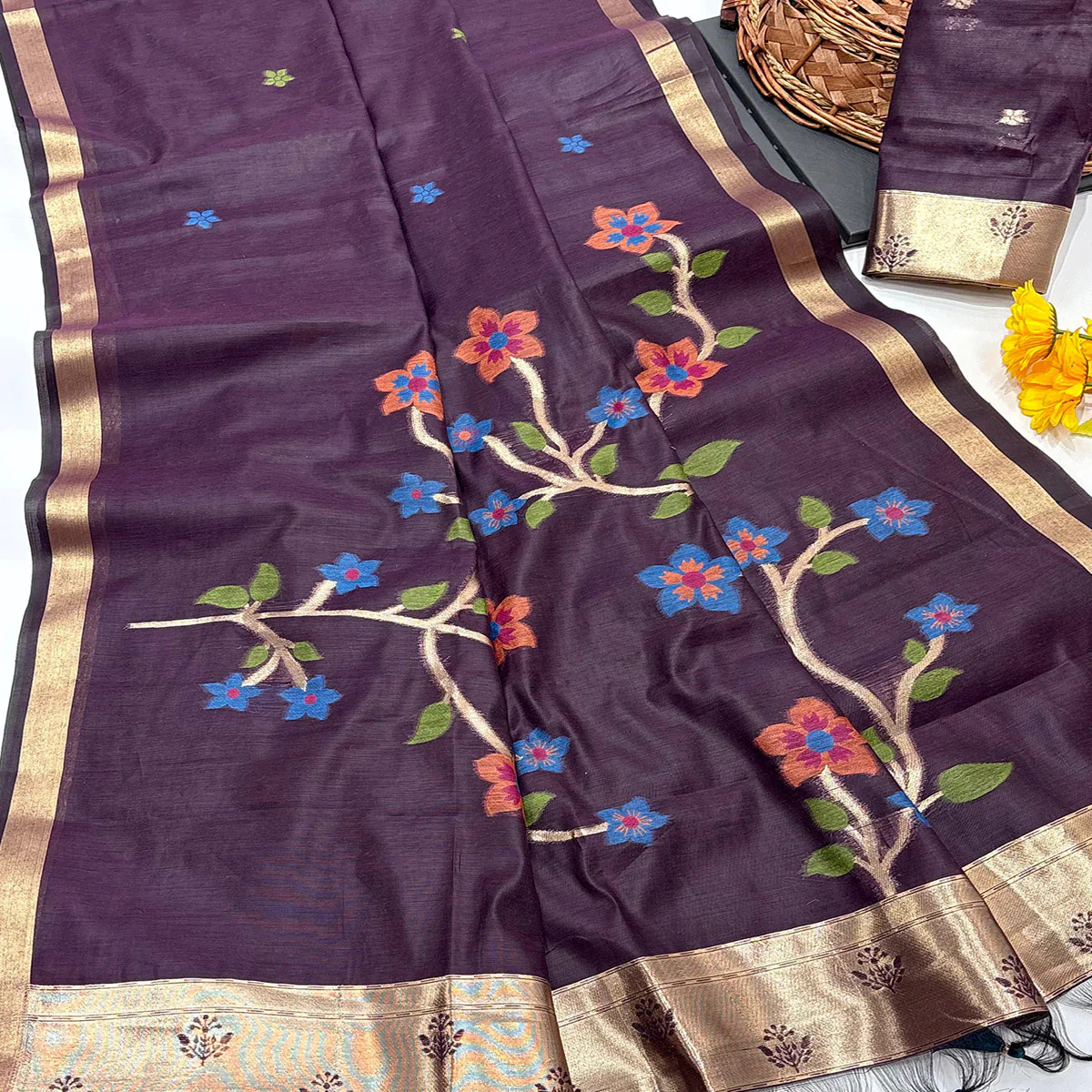 Wine Floral Handloom Muga Cotton Silk Saree with Traditional Charm - Image 2