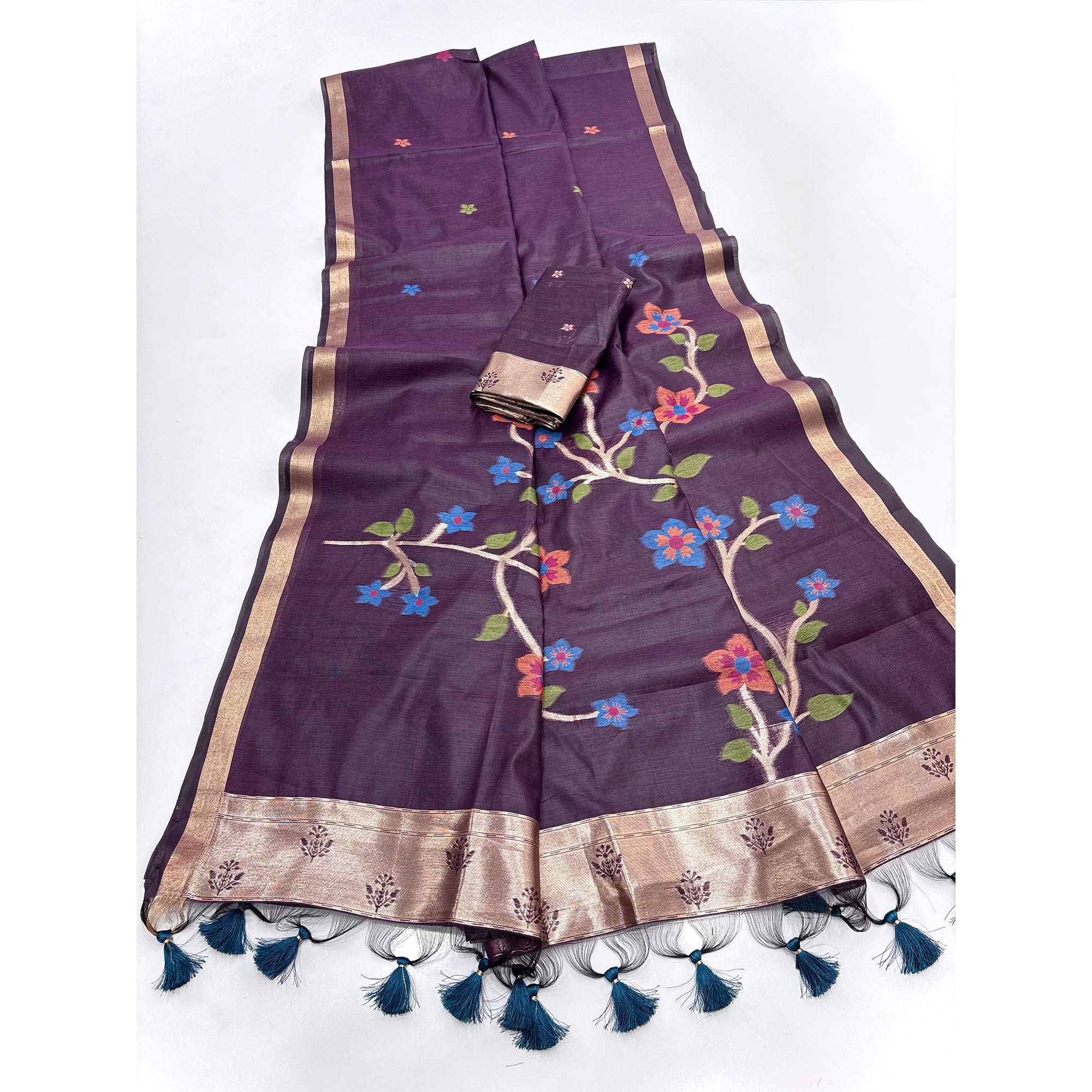 Wine Floral Handloom Muga Cotton Silk Saree with Traditional Charm - Image 3