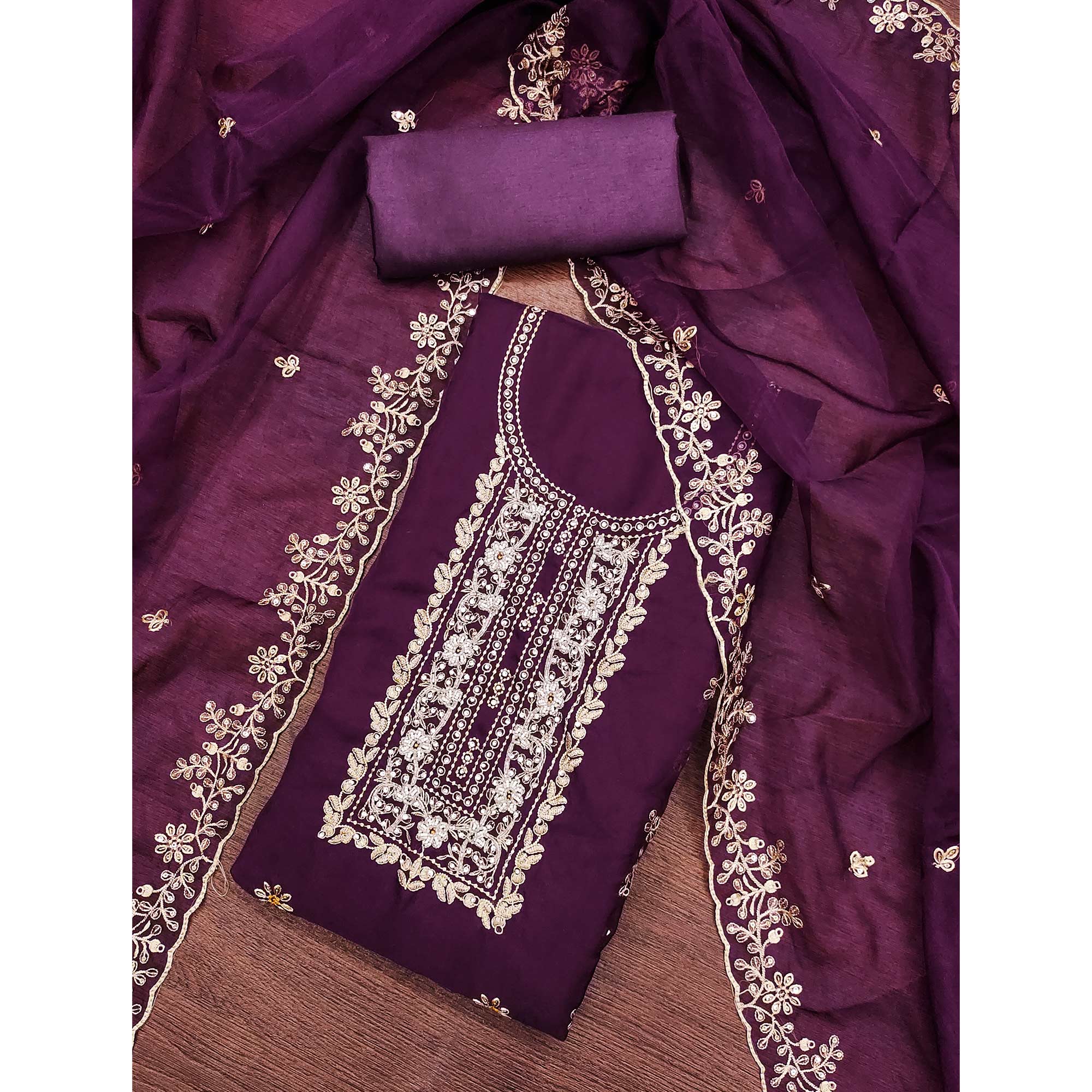 Wine Floral Handwork Embroidery Viscose Organza Dress Material - Image 3