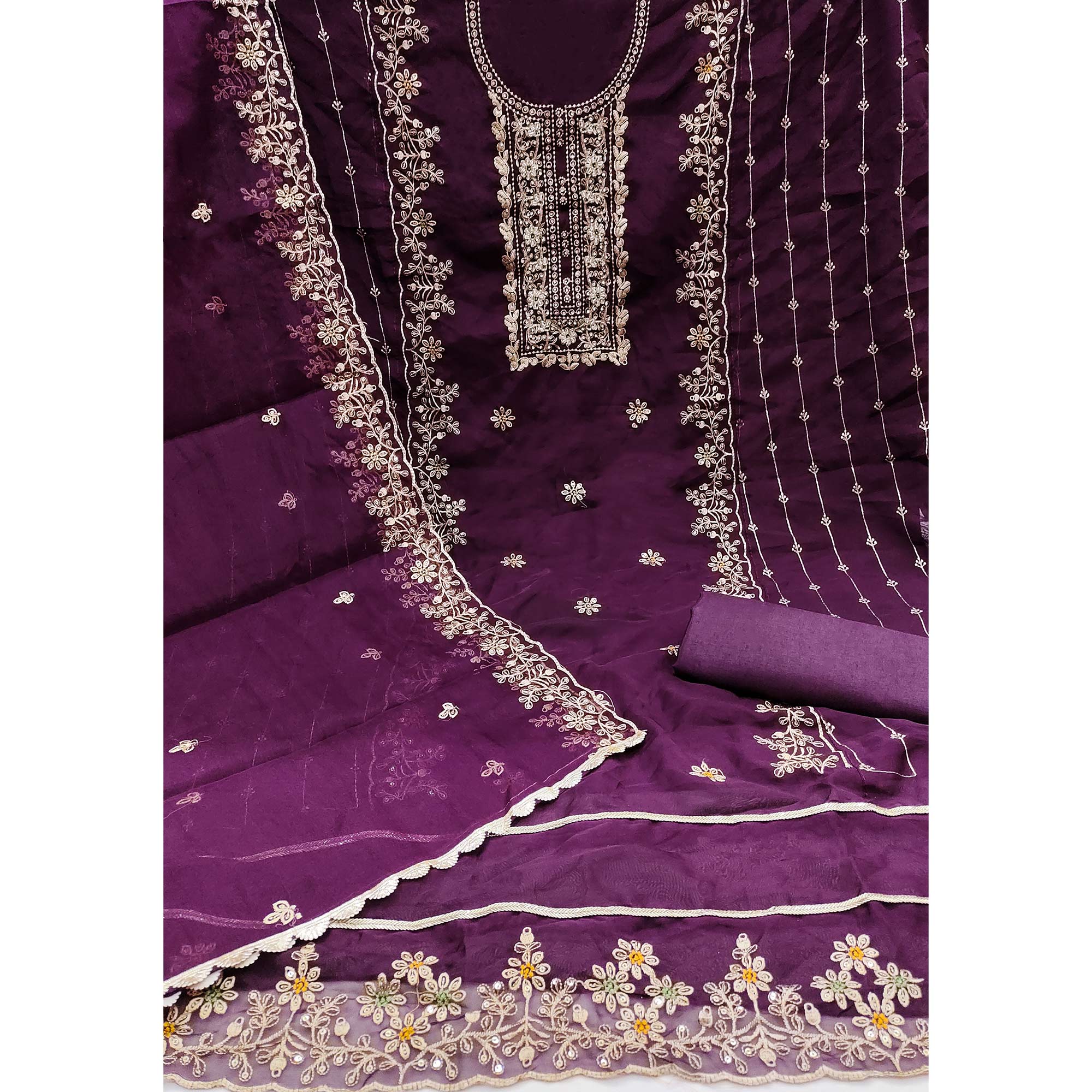 Wine Floral Handwork Embroidery Viscose Organza Dress Material - Image 4