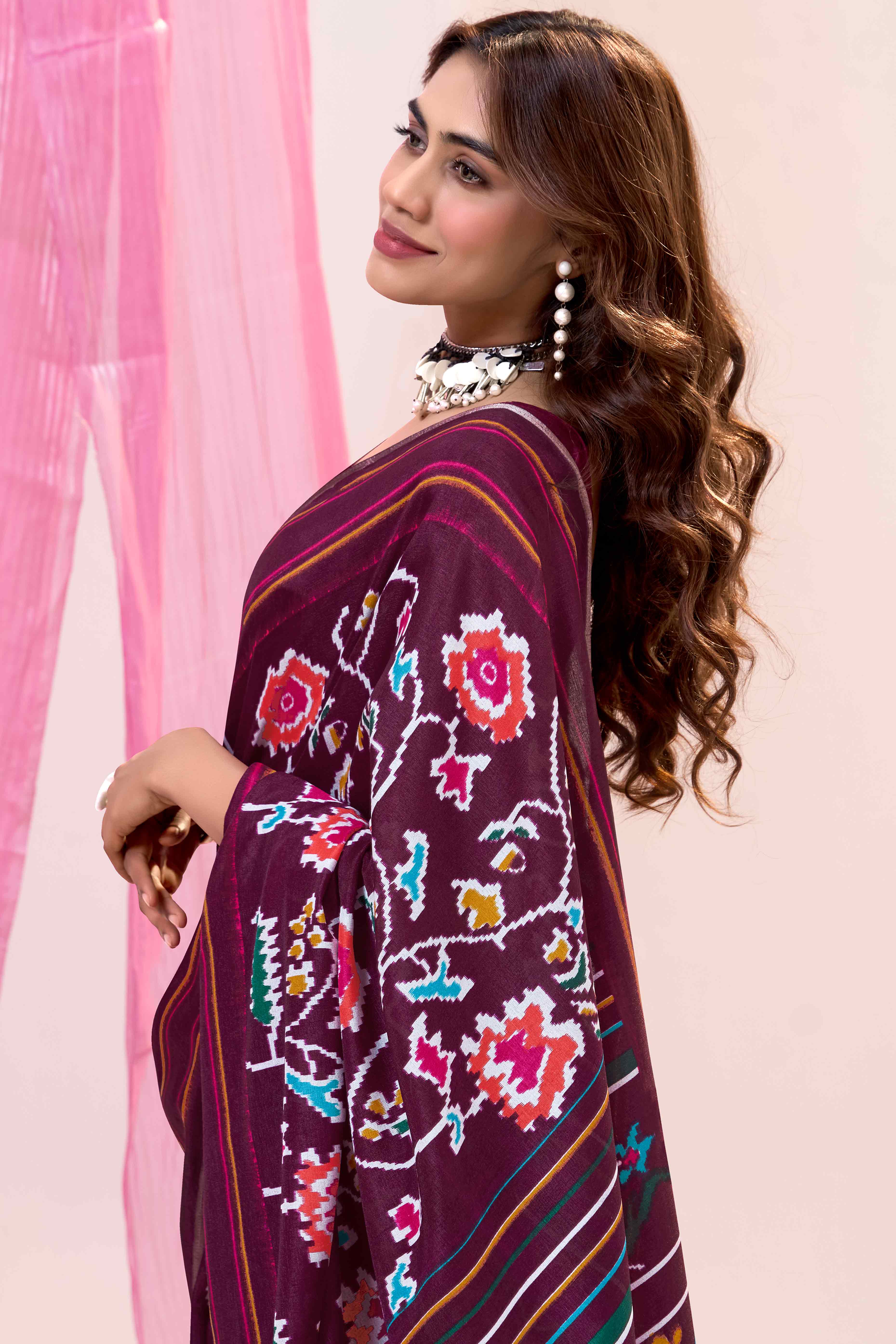 Wine Floral Mill Printed Tussar Silk Saree - Image 3