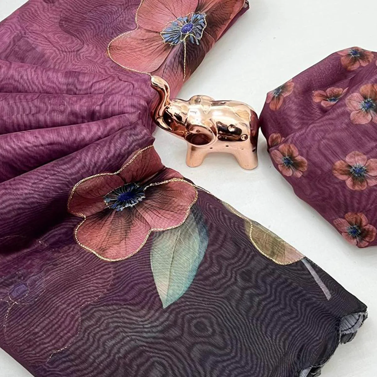 Wine Floral Printed Chanderi Cotton Embroidered Saree Perfect for Festive - Image 2