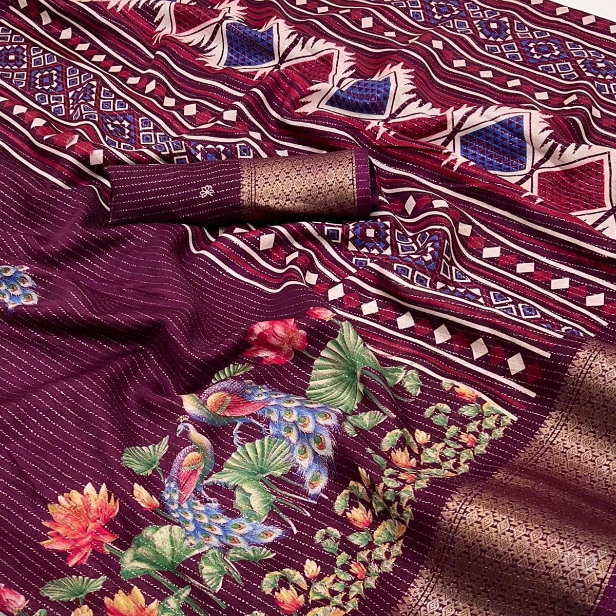 Wine Floral Printed Dola Silk Saree With Jacquard Border - Image 2