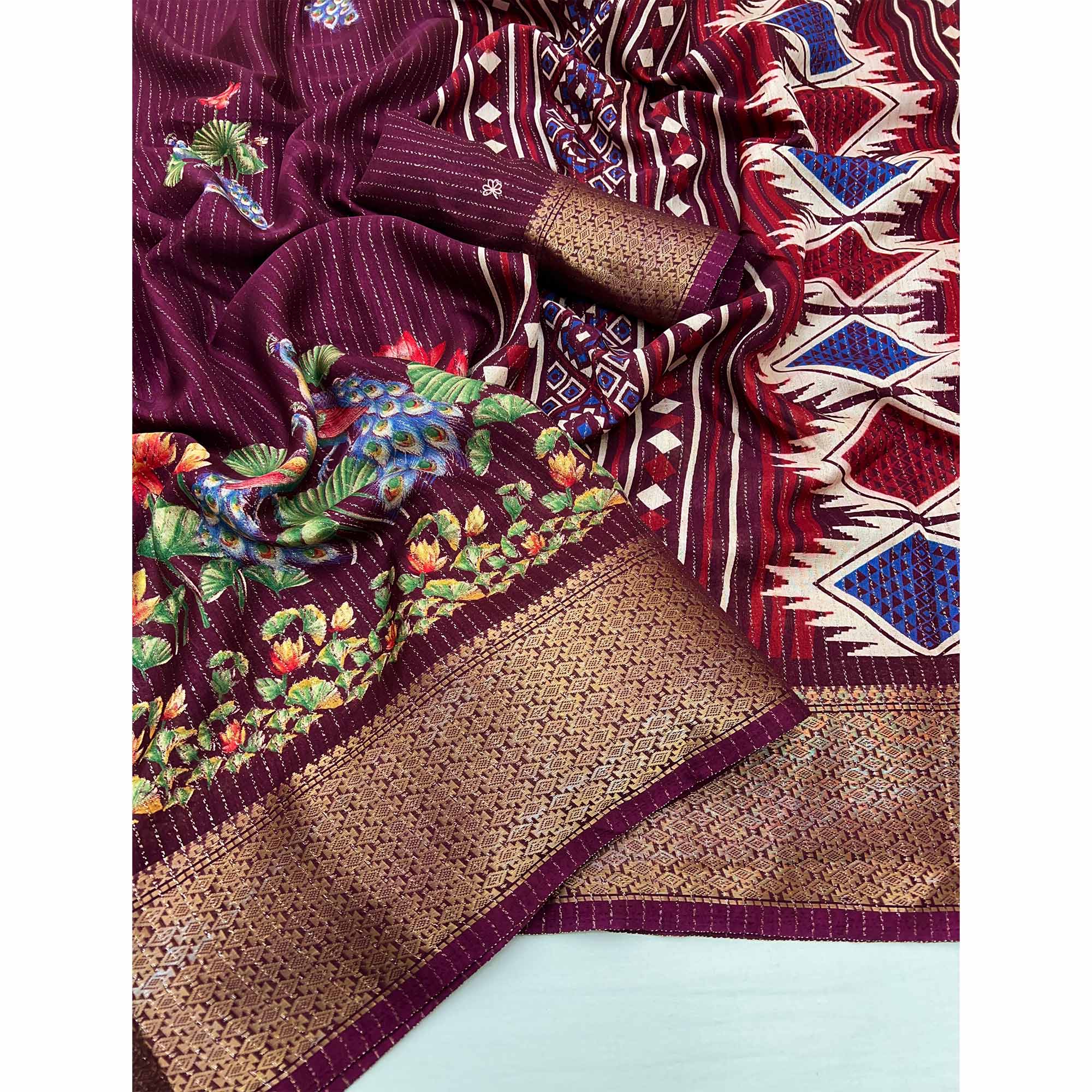 Wine Floral Printed Dola Silk Saree With Jacquard Border - Image 3