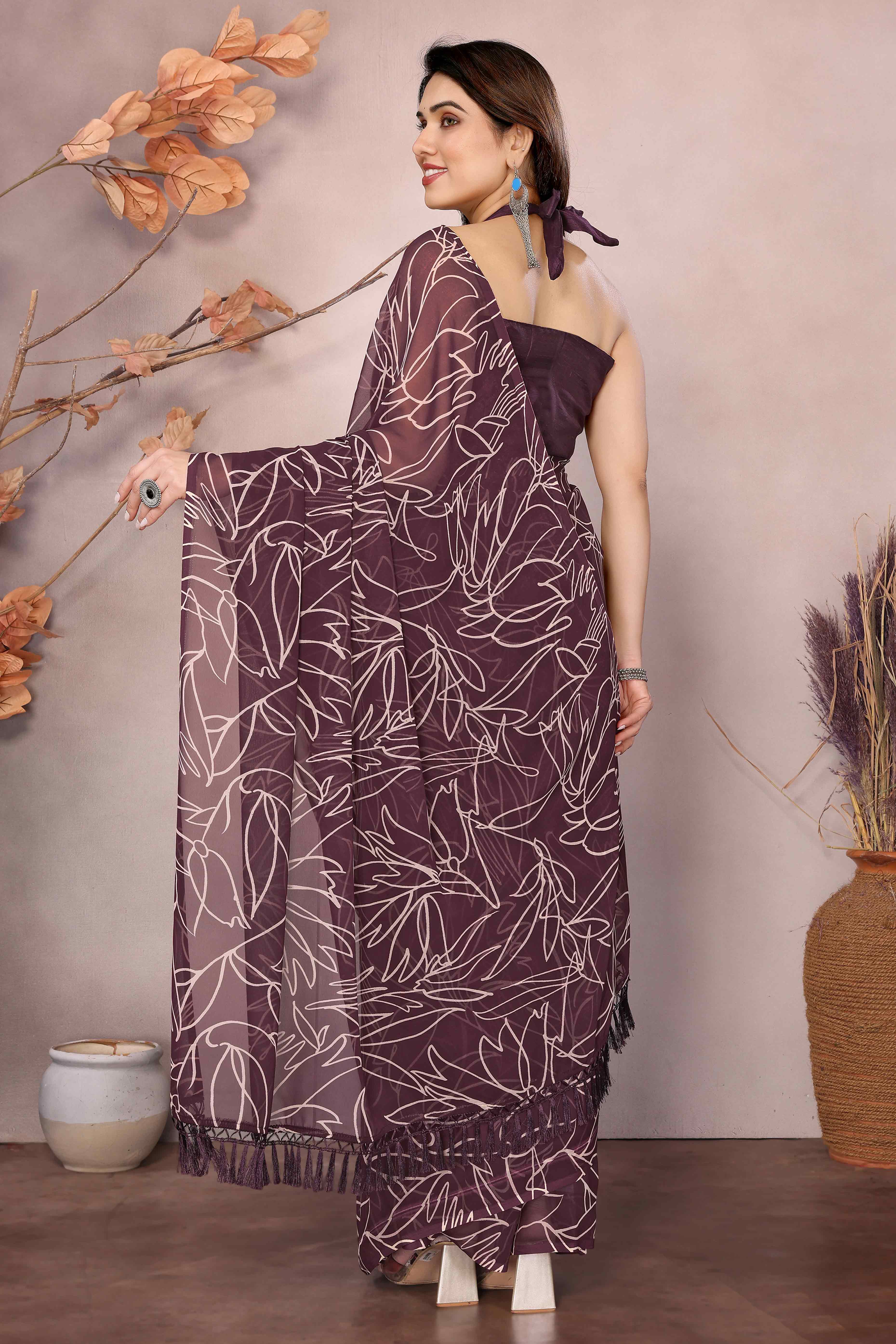 Wine Floral Printed Georgette Ready Made Saree With Tassels - Image 3