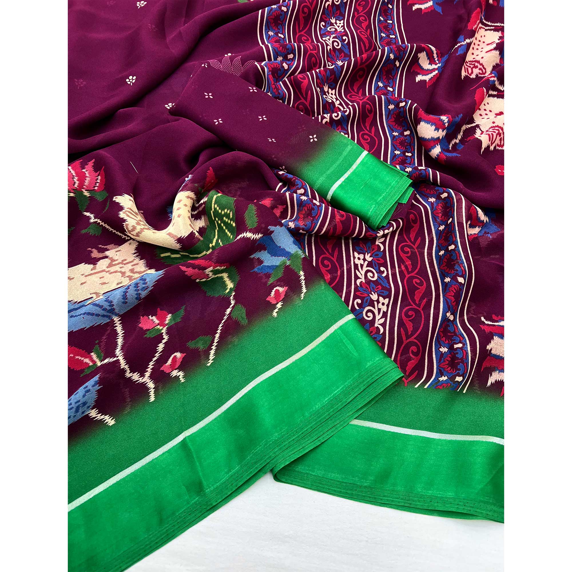 Wine Floral Printed Georgette Saree With Satin Border - Image 3