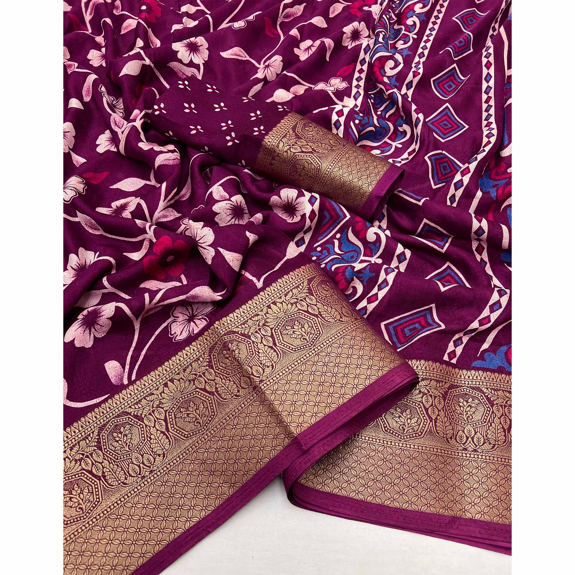 Wine Floral Printed Georgette Saree With Woven Border - Image 3
