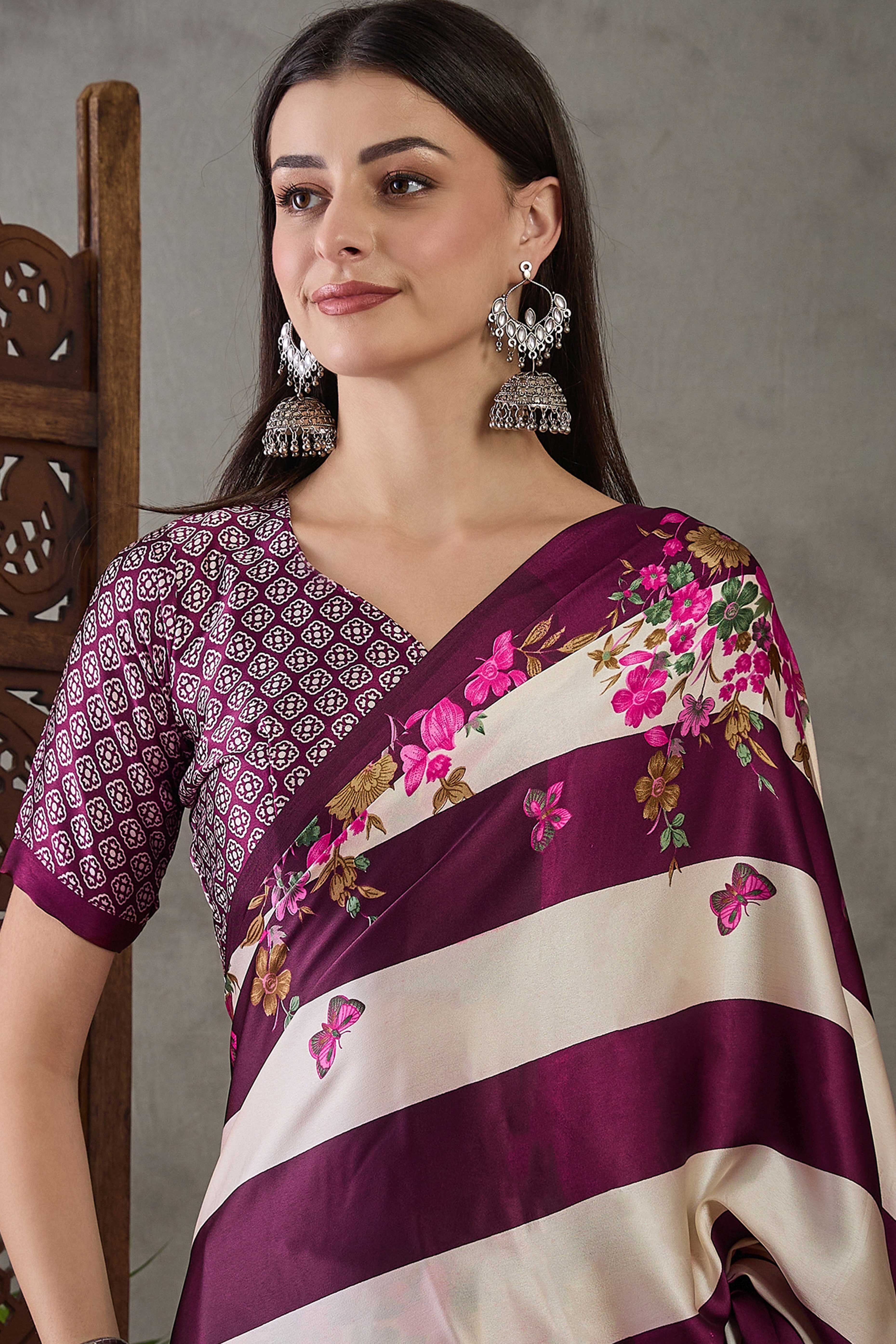 Wine Floral Printed Modal Satin Party Wear Saree with a Smooth Satin Finish - Image 7