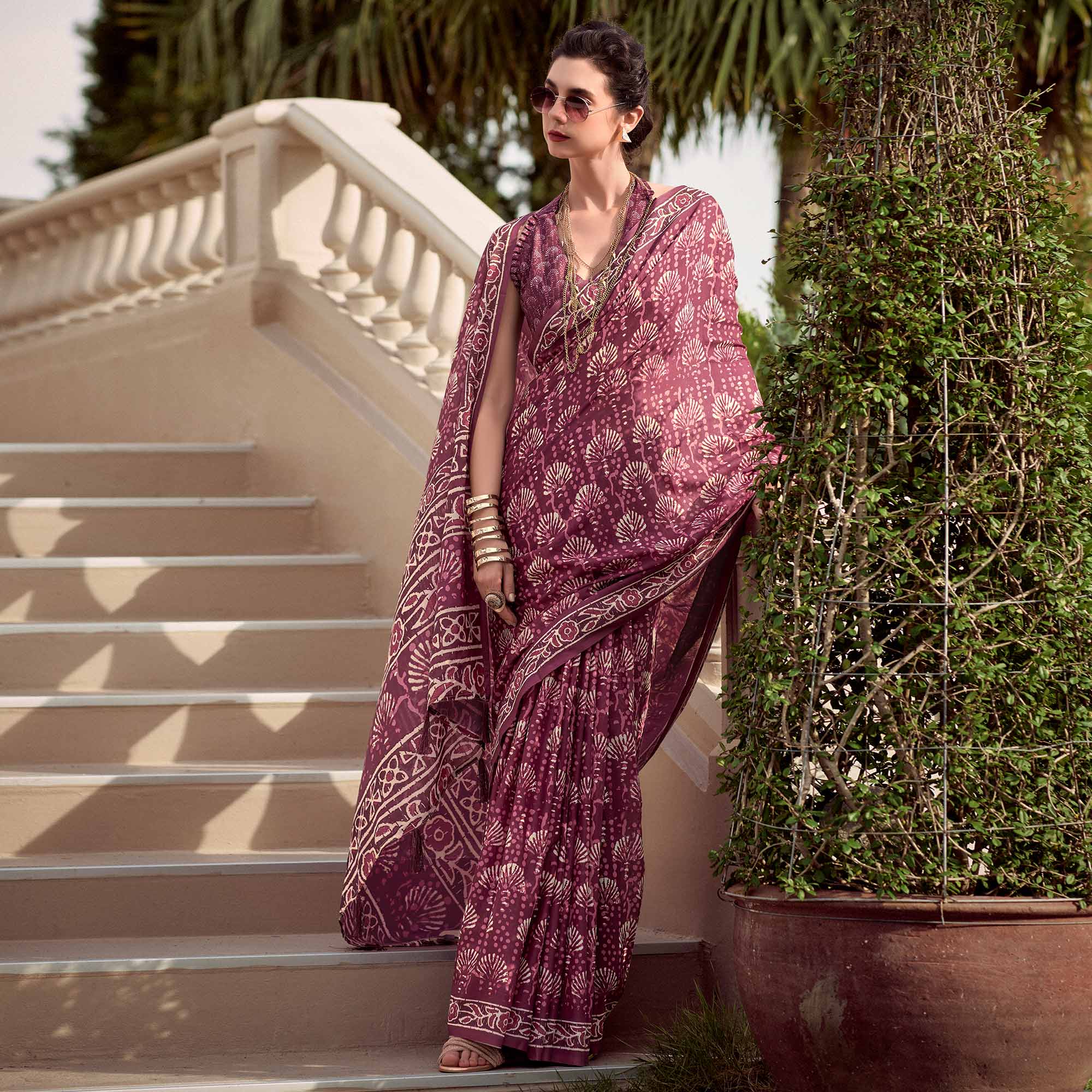 Wine Floral Printed Mul Pure Silk Saree - Image 2