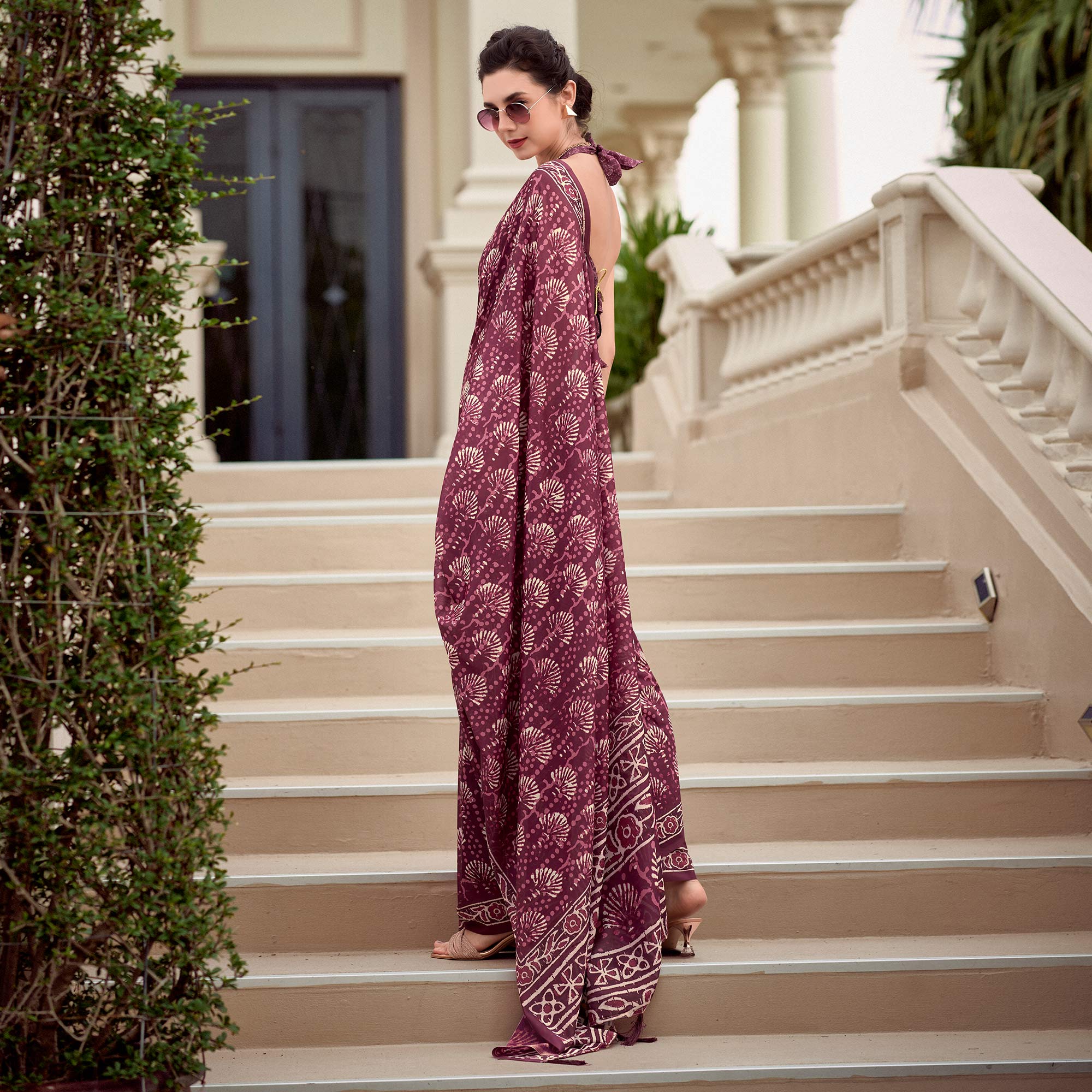 Wine Floral Printed Mul Pure Silk Saree - Image 4