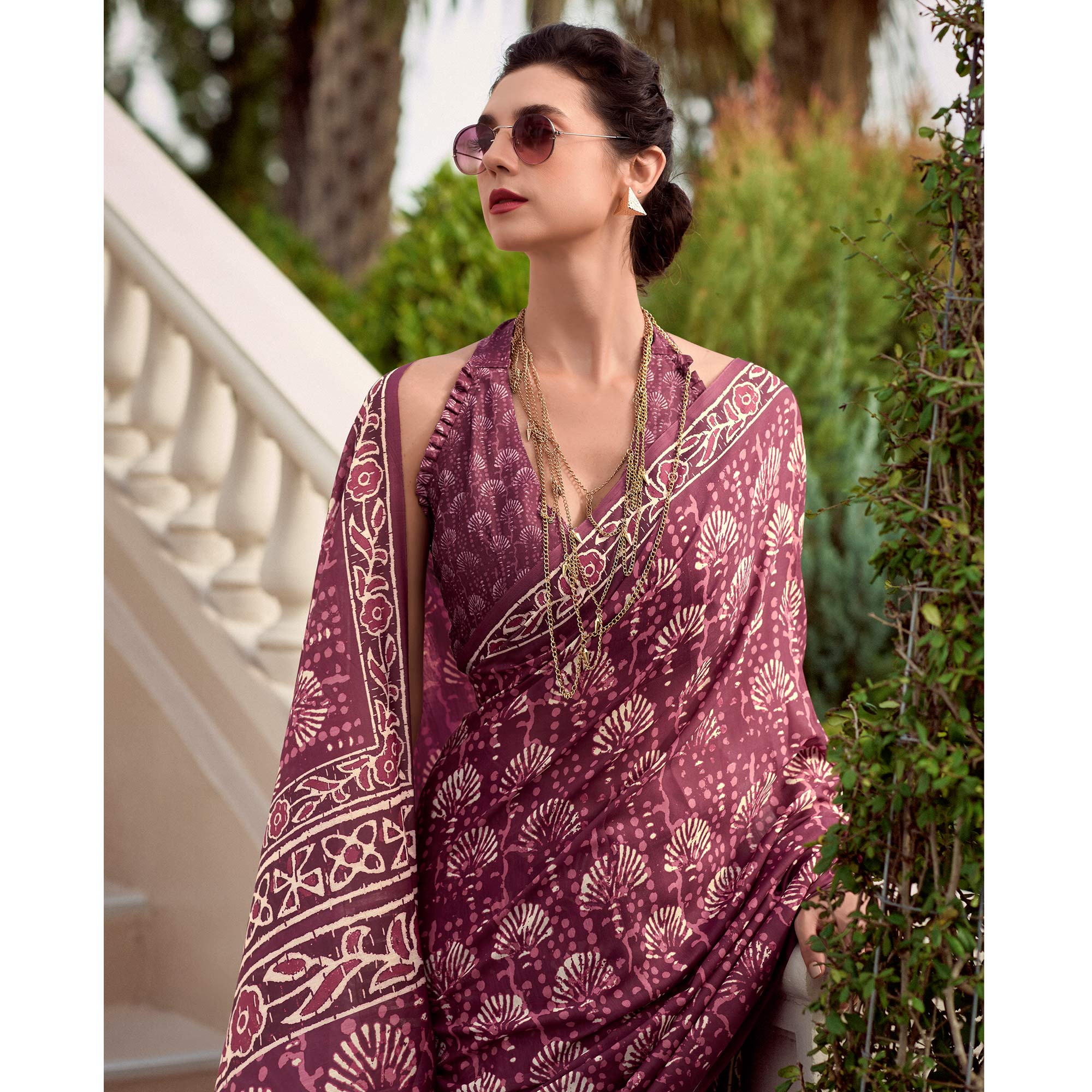 Wine Floral Printed Mul Pure Silk Saree - Image 5