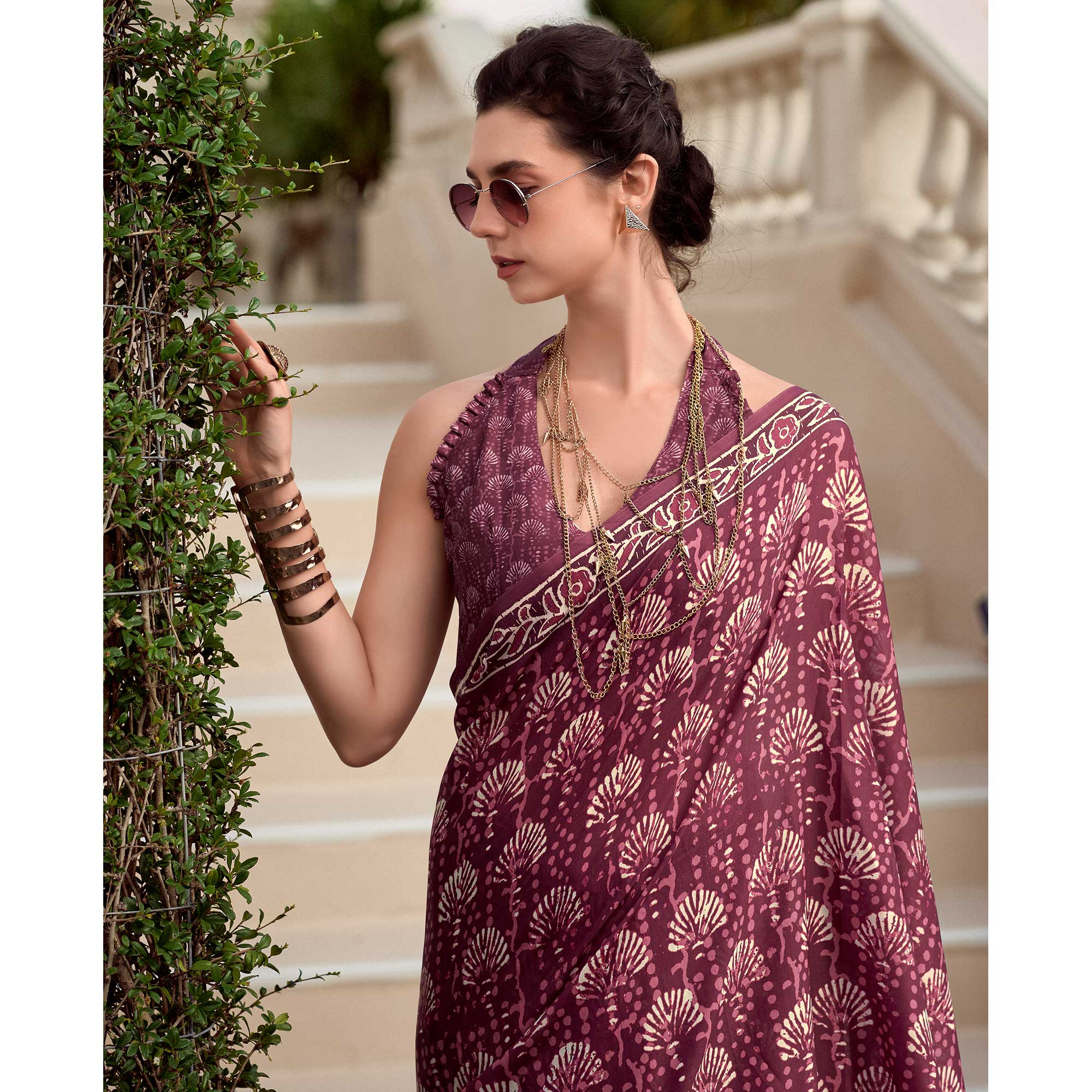 Wine Floral Printed Mul Pure Silk Saree - Image 6