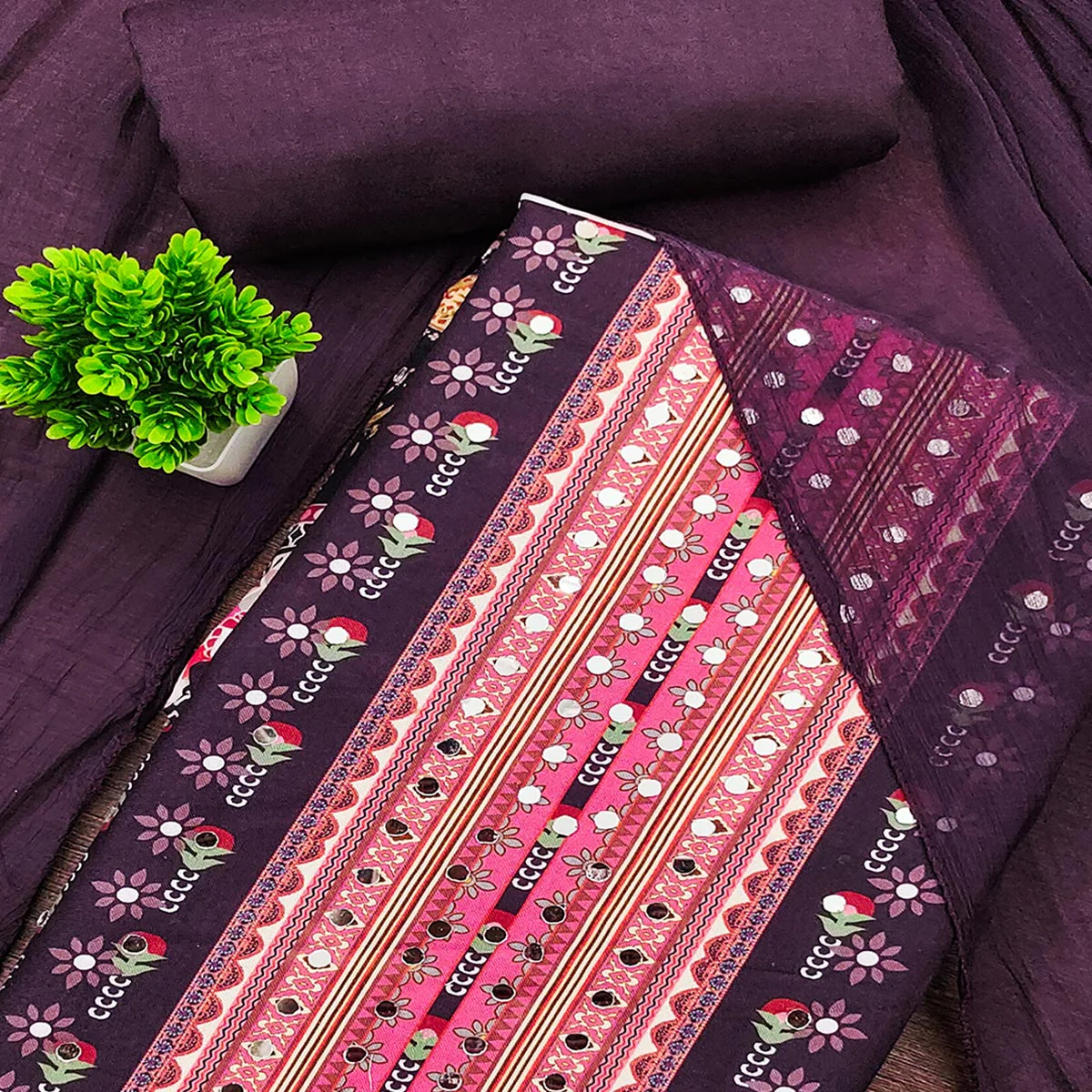 Wine Floral Printed Rayon Fabric Set with Decorative Mirror Work for a Festive Look - Image 2