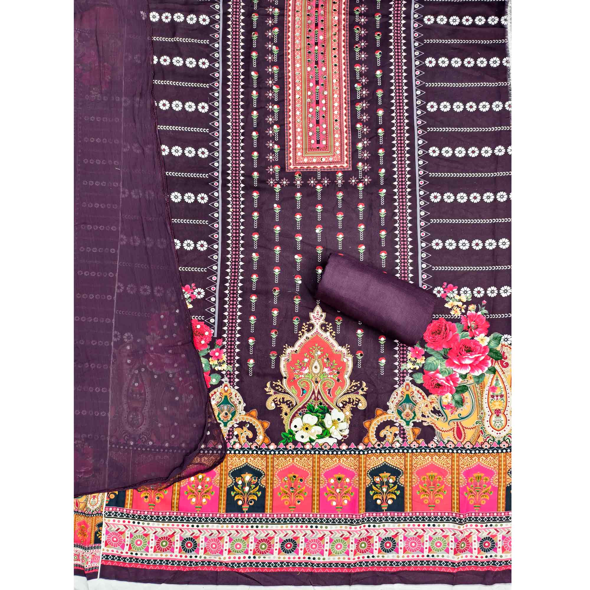 Wine Floral Printed Rayon Fabric Set with Decorative Mirror Work for a Festive Look - Image 3