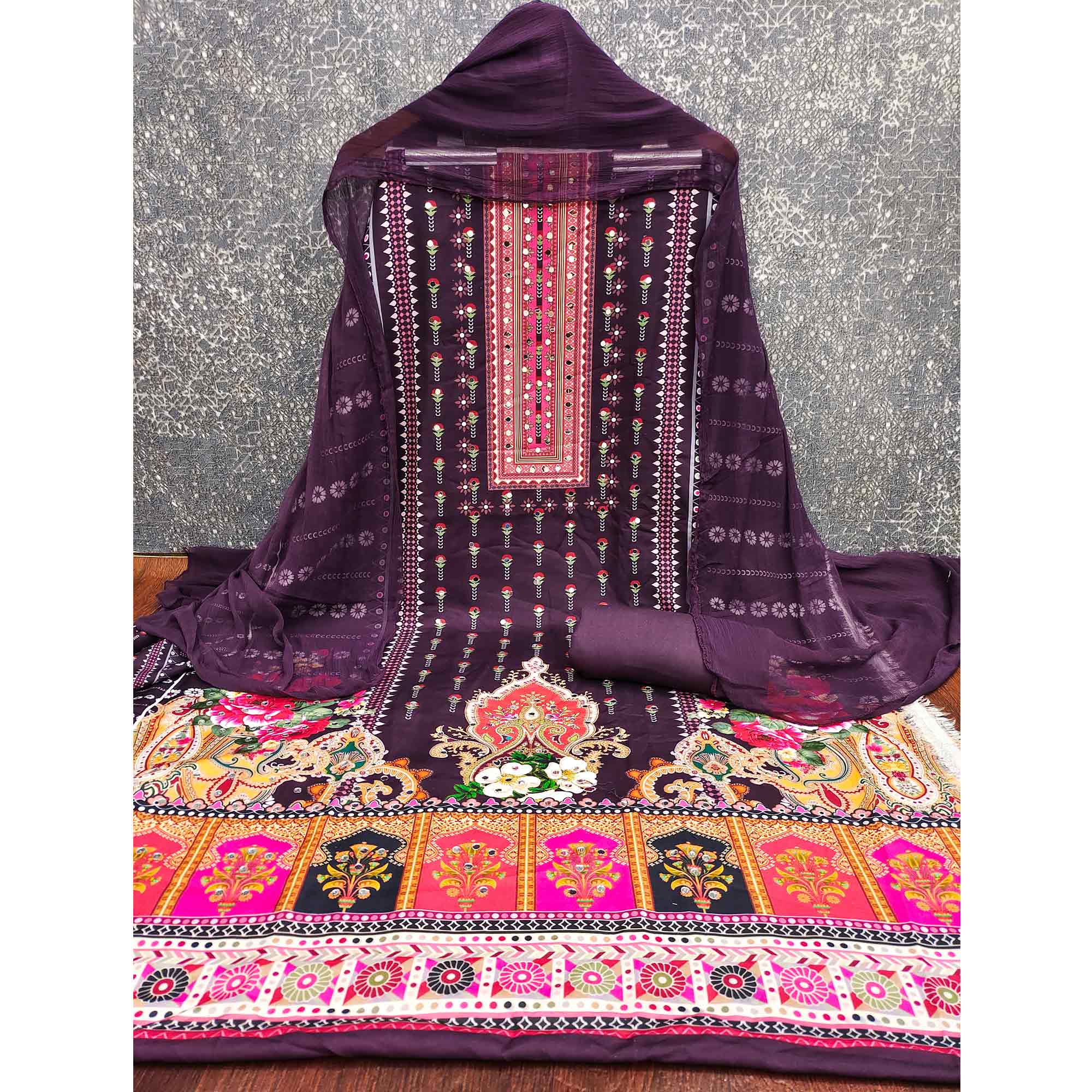 Wine Floral Printed Rayon Fabric Set with Decorative Mirror Work for a Festive Look - Image 4