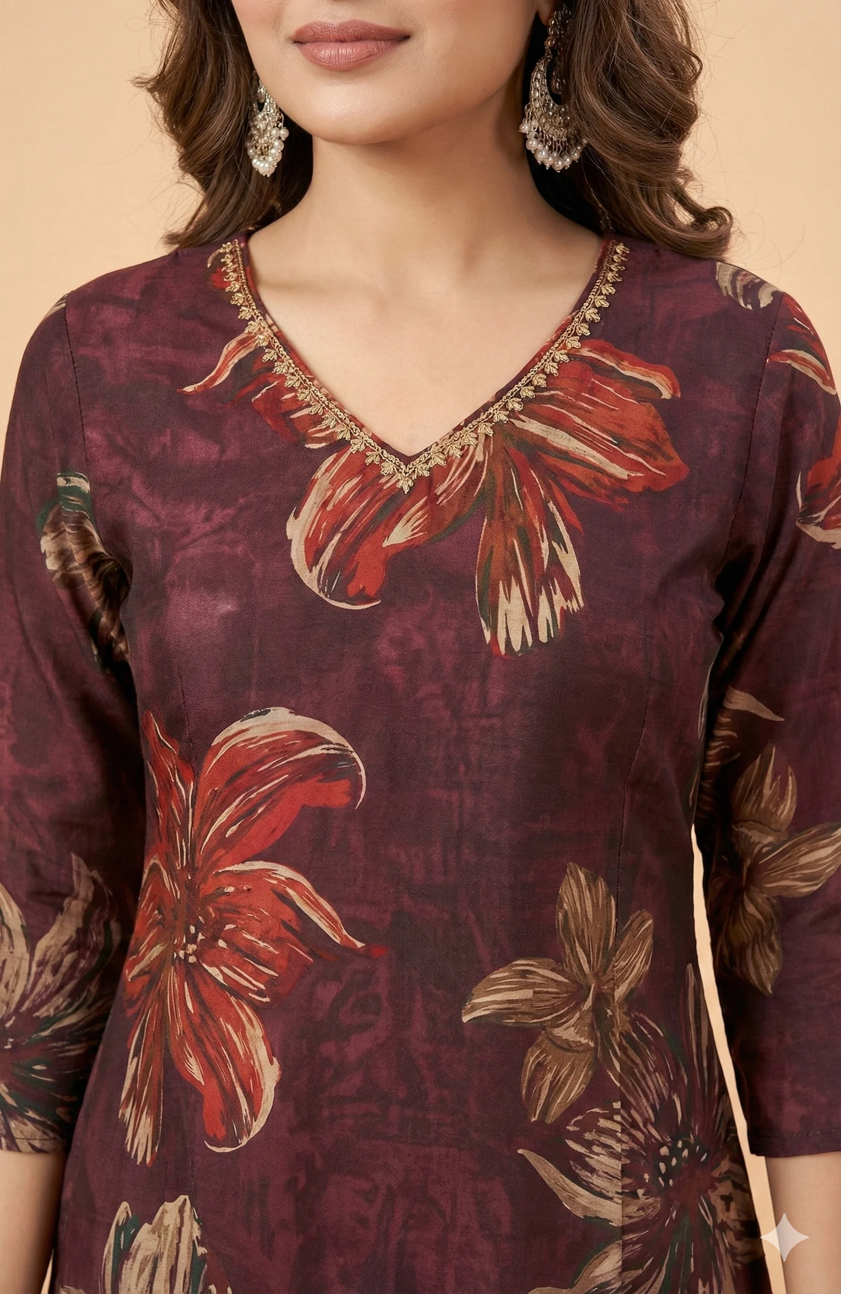 Wine Floral Printed Viscose Vatican Straight-Cut Top and Bottom Set for Casual Wear - Image 2