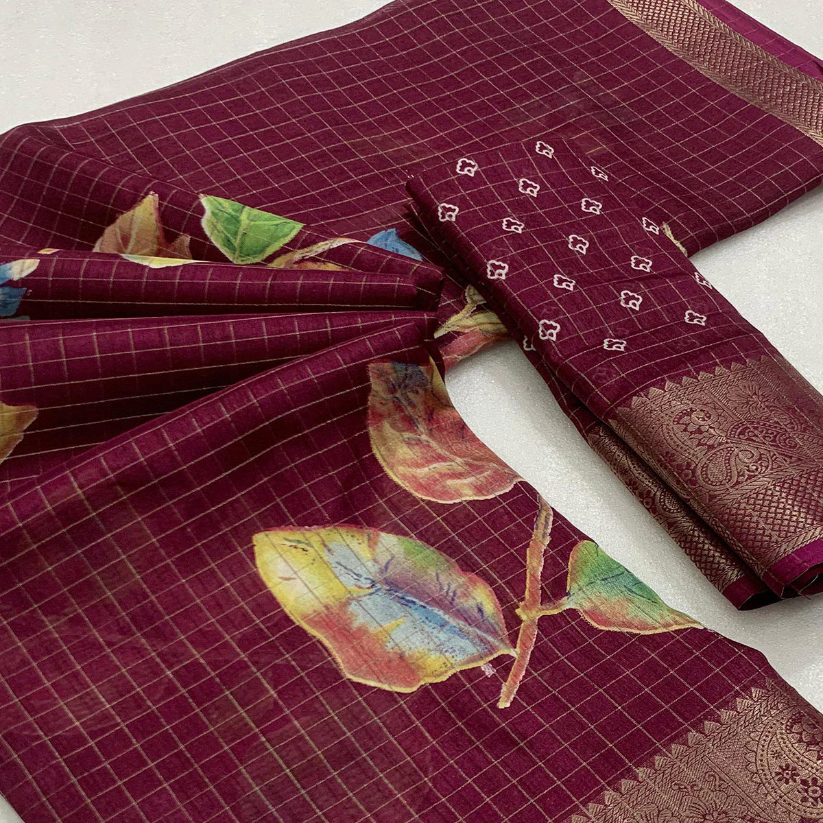 Wine Floral Printed With Woven Dola Silk Saree - Image 2
