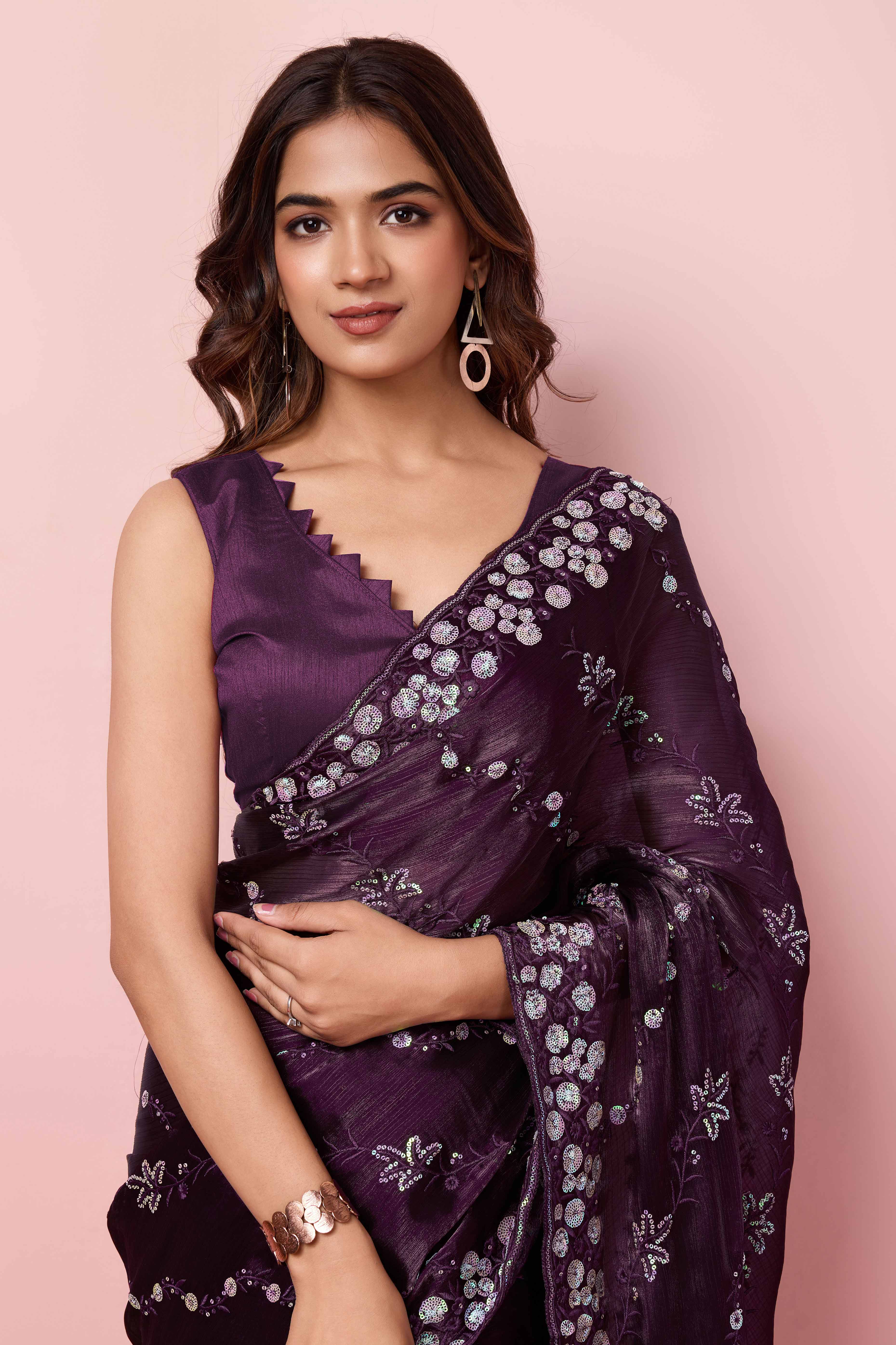 Wine Floral Sequins Embroidered Burberry Silk Saree - Image 6