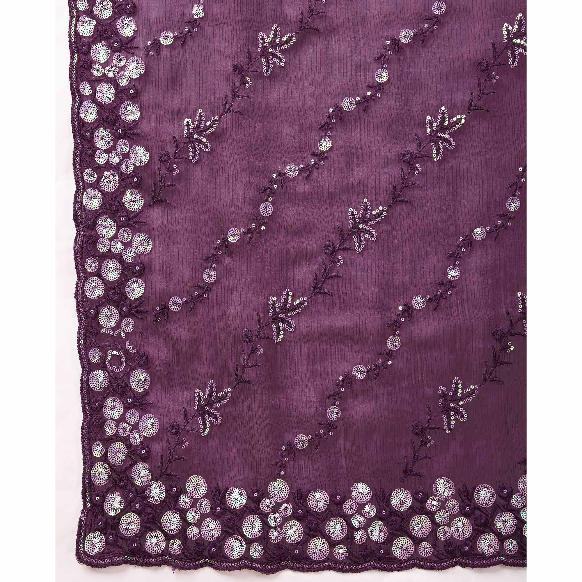 Wine Floral Sequins Embroidered Burberry Silk Saree - Image 8