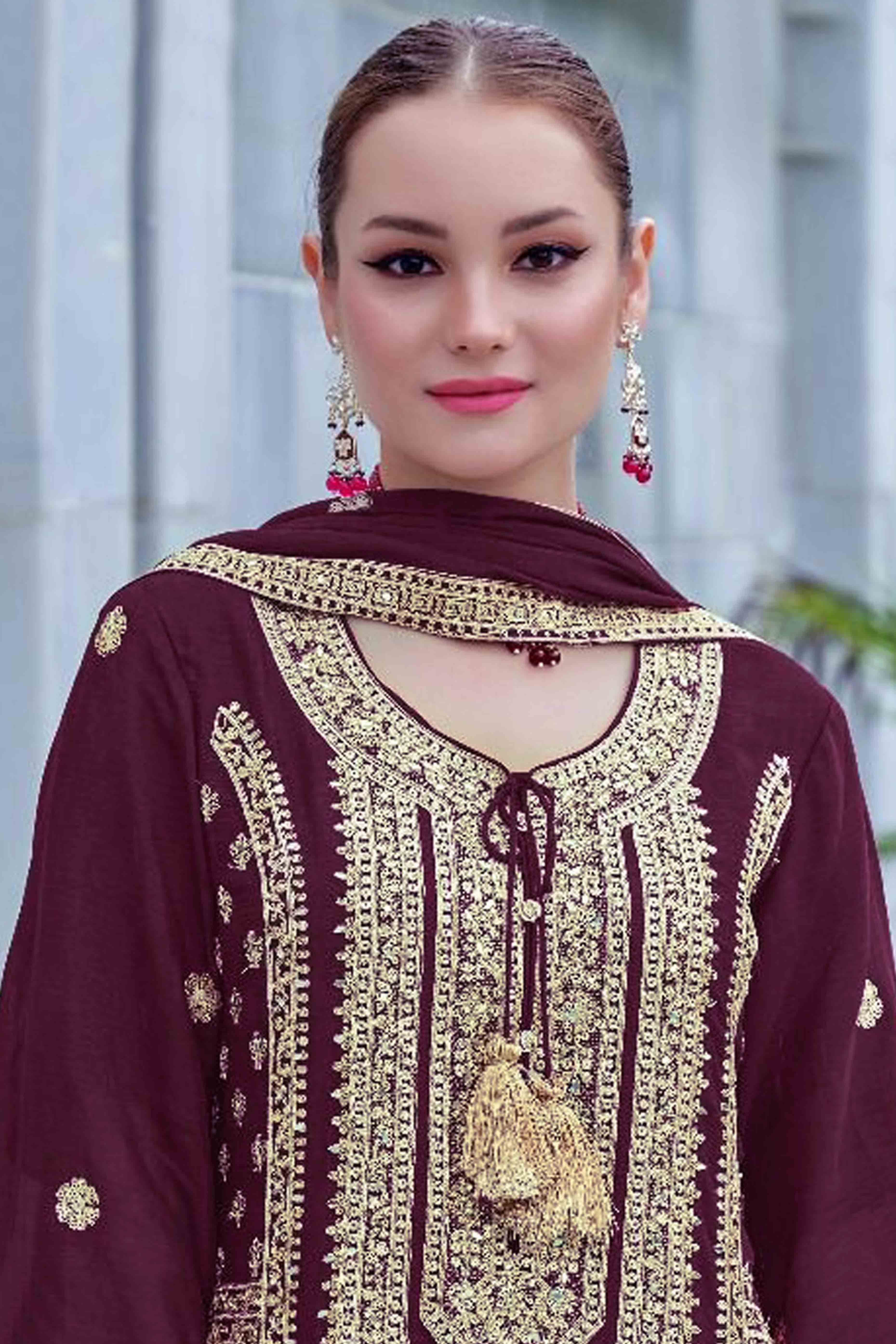 Wine Floral Sequins Embroidered Chinon Semi Stitched Pakistani Suit - Image 3